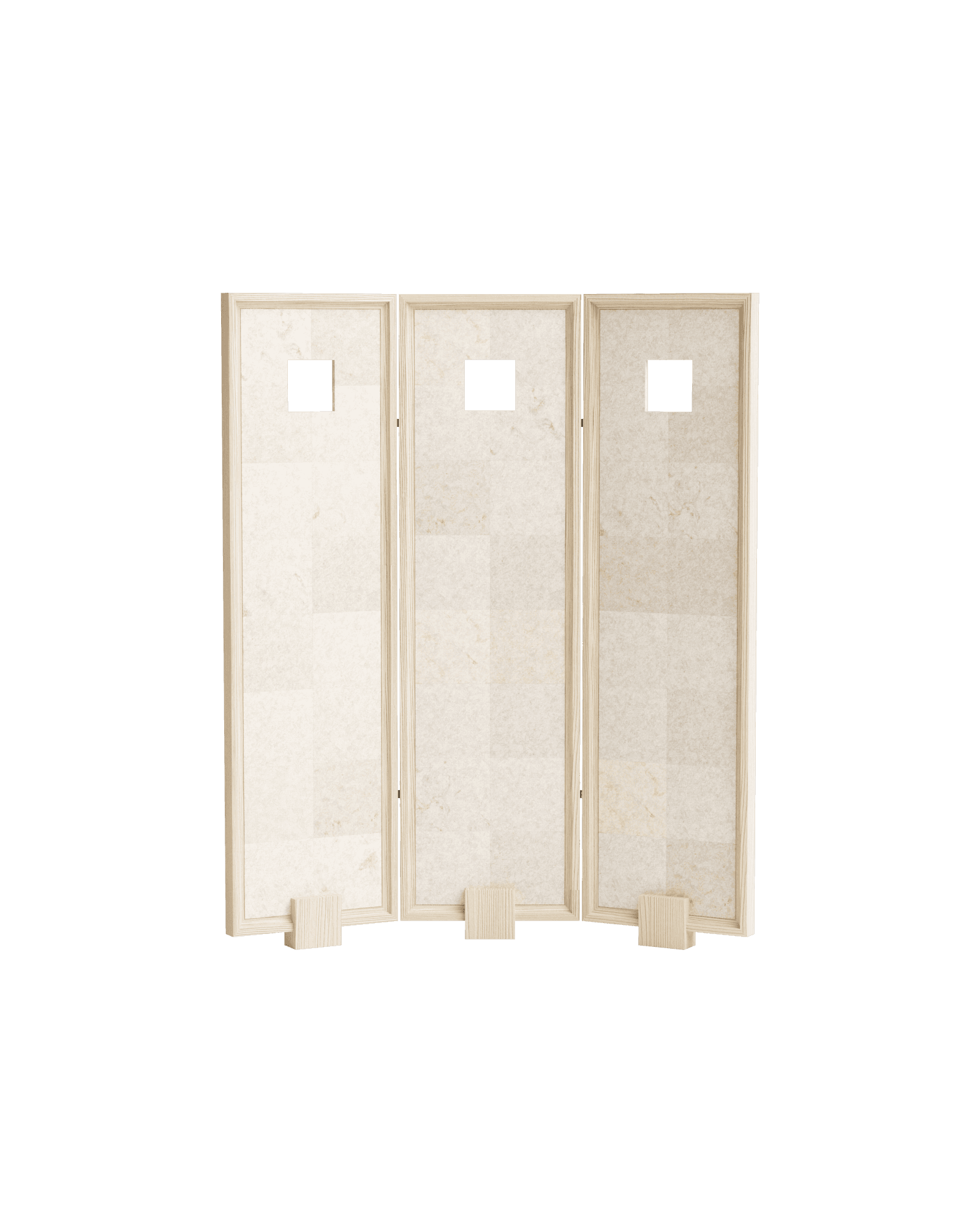 Kami 08 Screen by Le Cann - sandblasted pine and stone tile room divider, three hinged panels with square cutouts
