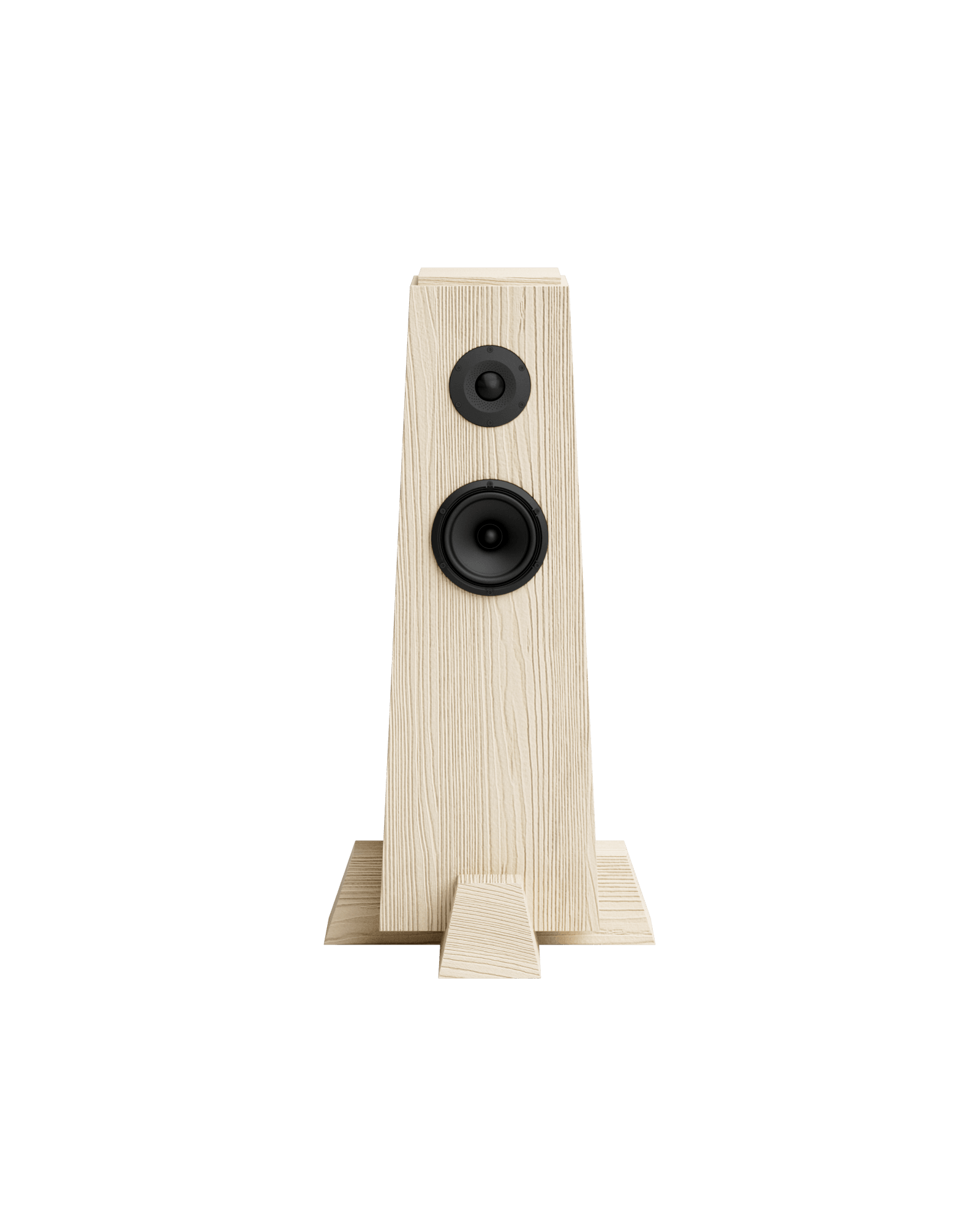 Kami 11 Speakers by Le Cann – sandblasted pine speaker tower, two circular black drivers on pale wood front