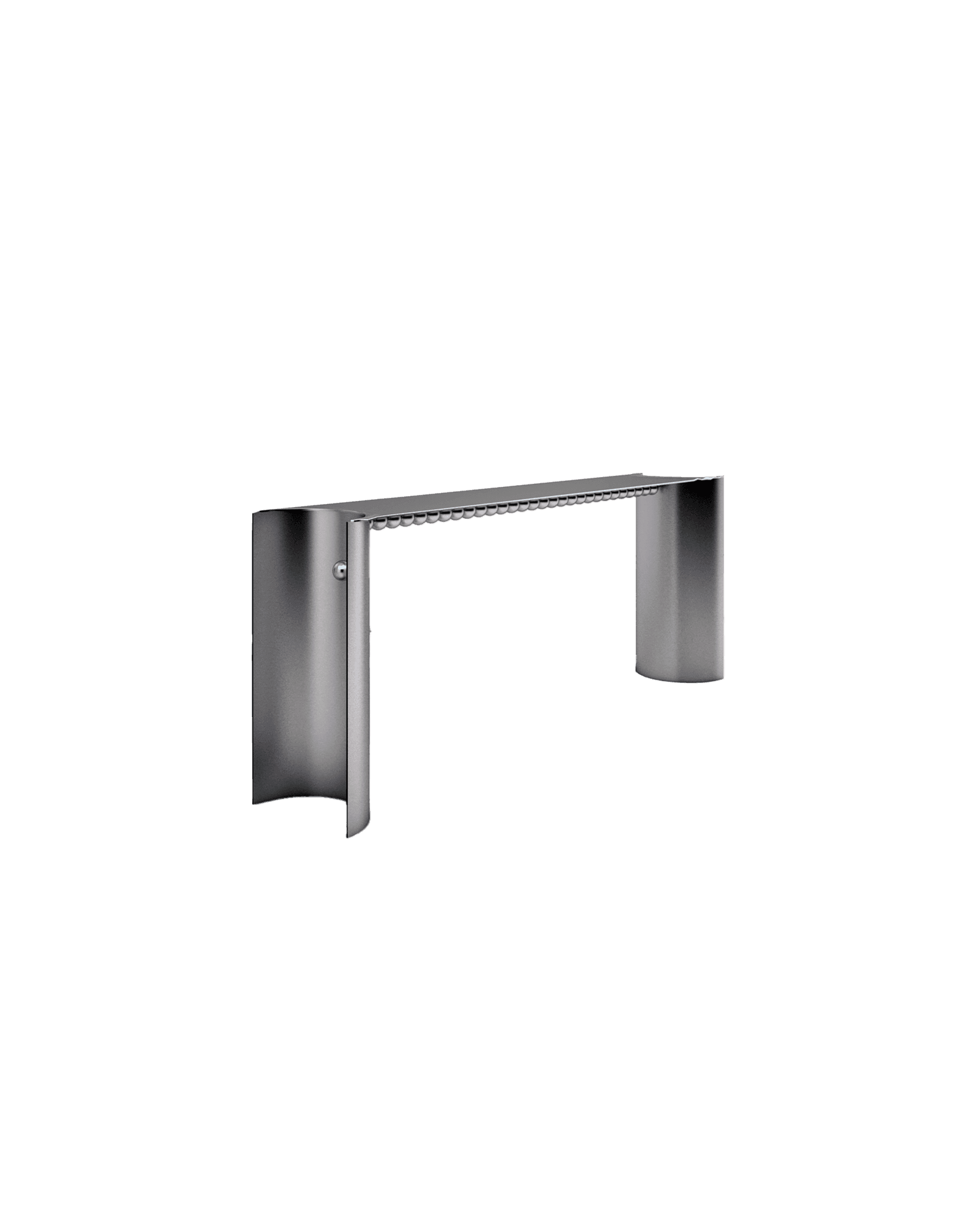 Pendulum Console in brushed chrome by Karina Sukar, inverted-U metal frame with spherical bead row