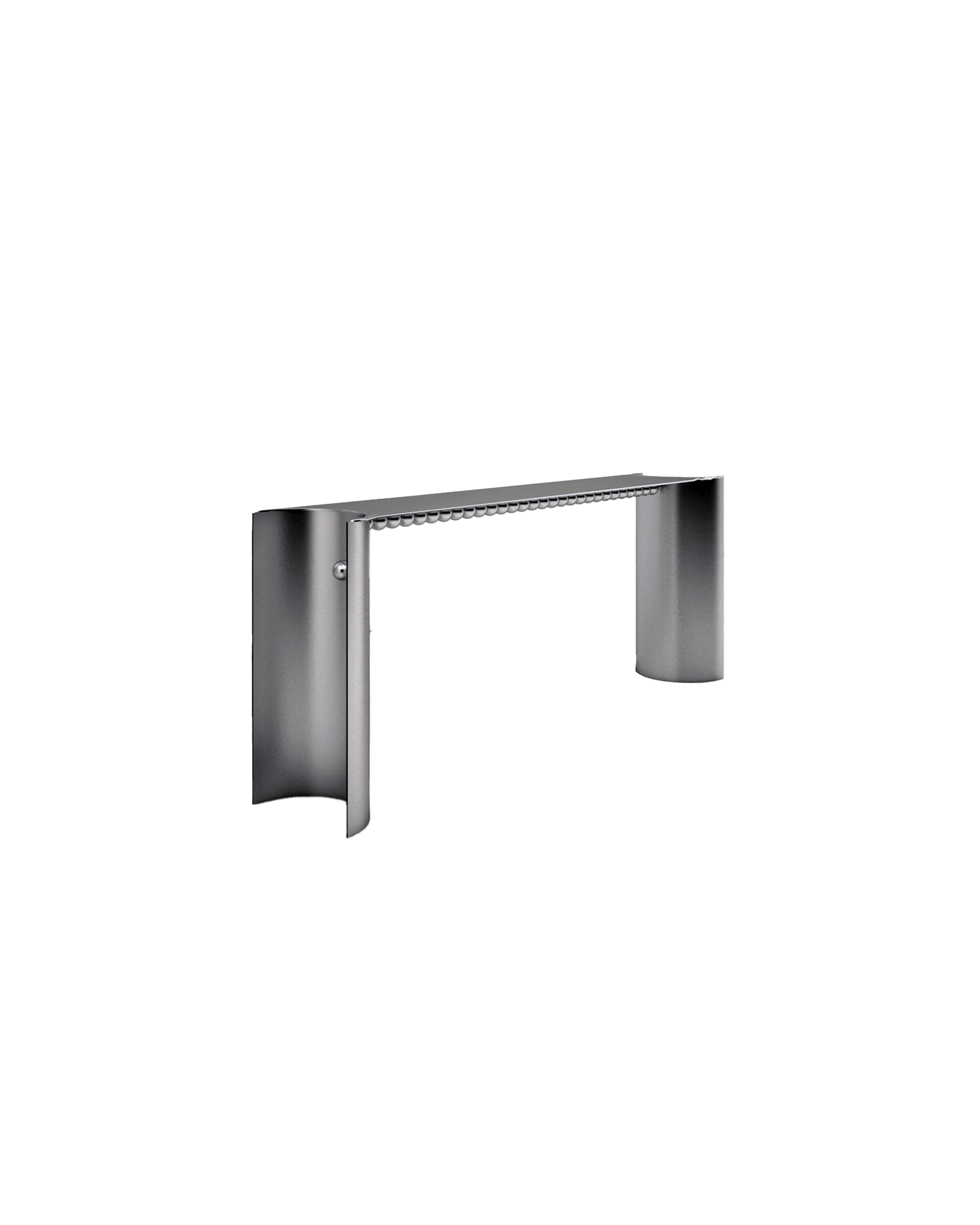 Pendulum Console in brushed chrome by Karina Sukar, inverted-U metal frame with spherical bead row