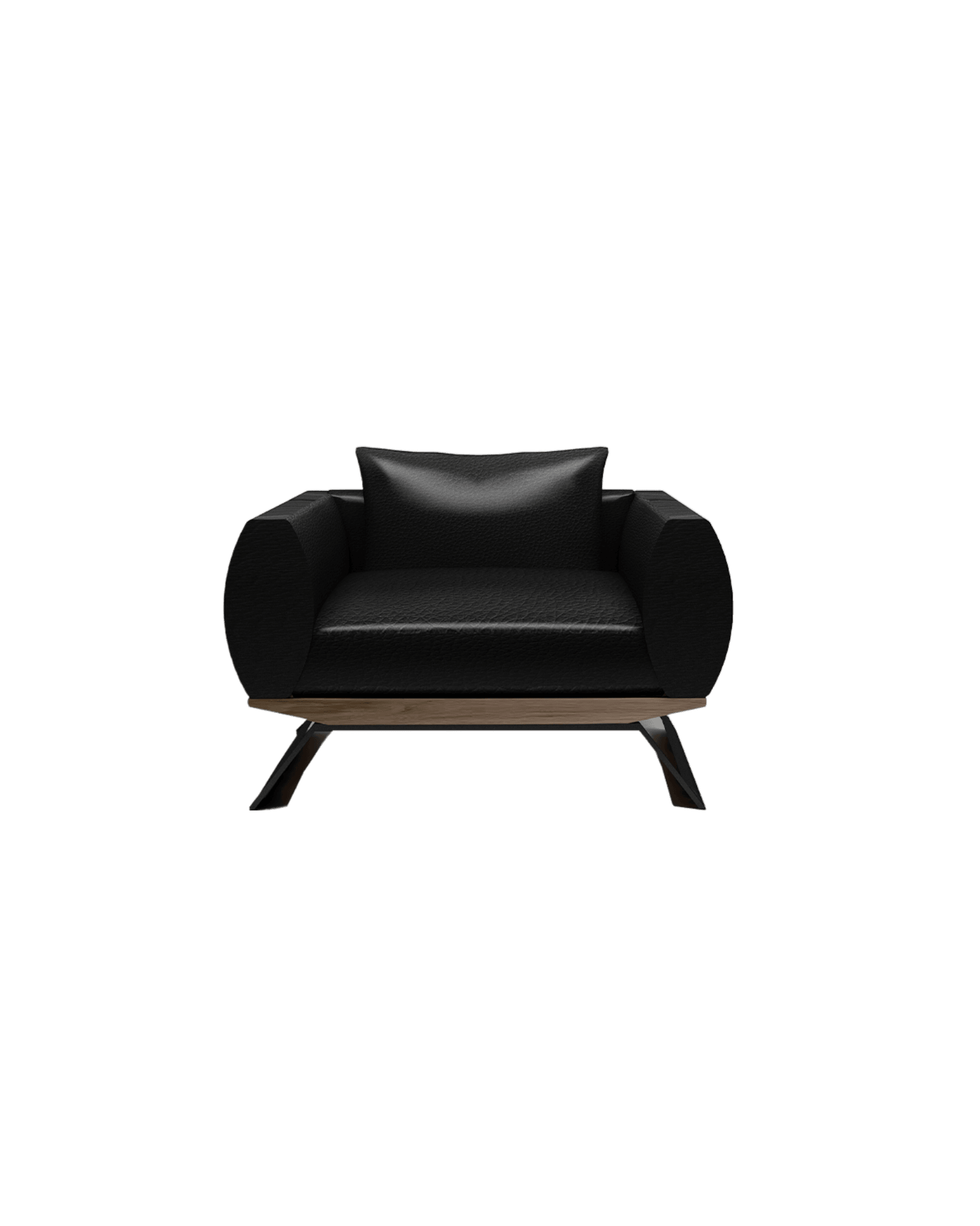Plain Armchair in black textured leather with light wood base, Karina Sukar Collection