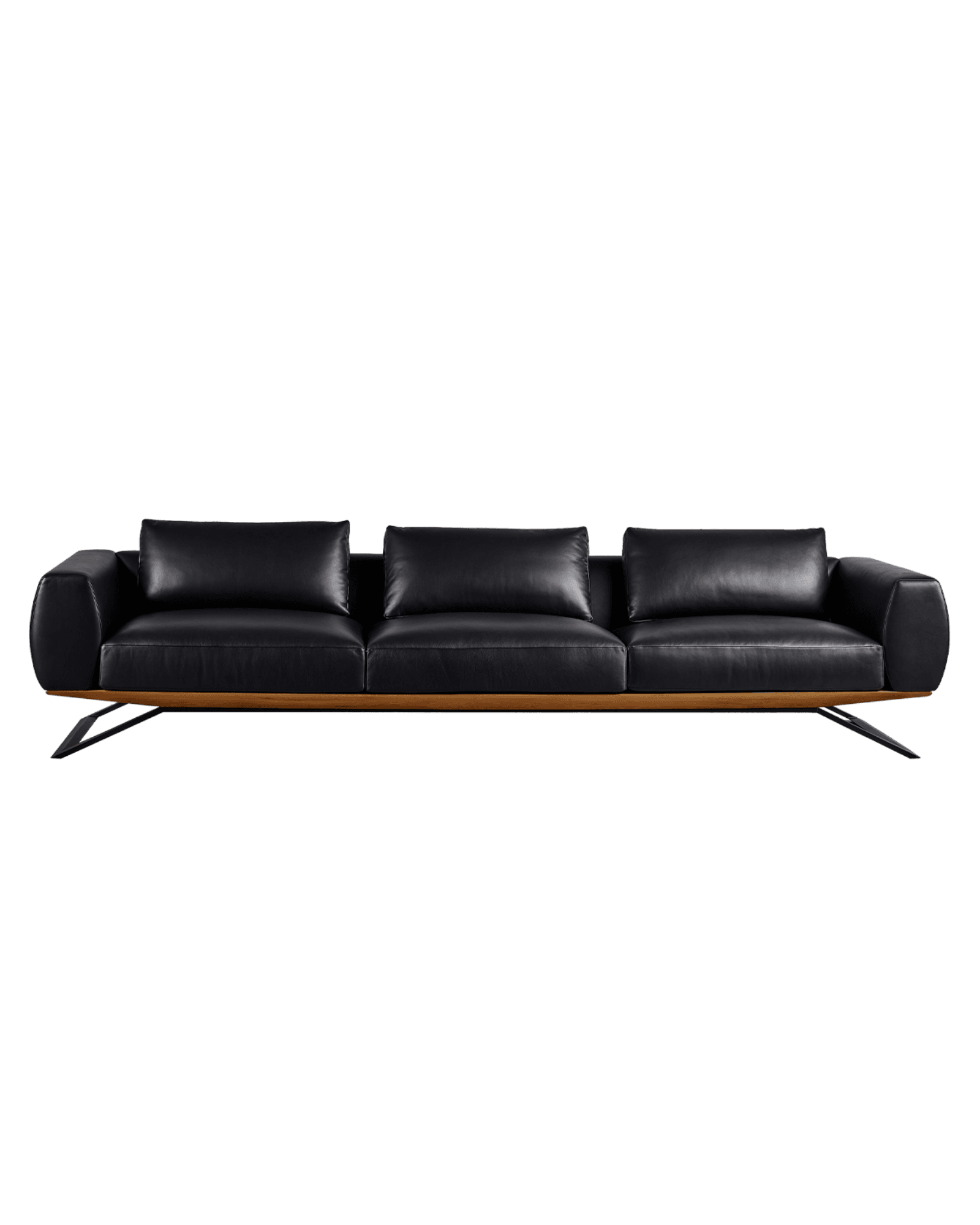 Plain Sofa in black leather with light wood frame, Karina Sukar Collection, low-profile three-seater