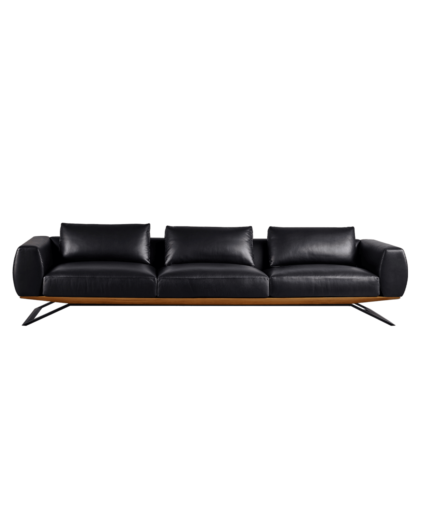 Plain Sofa in black leather with light wood frame, Karina Sukar Collection, low-profile three-seater