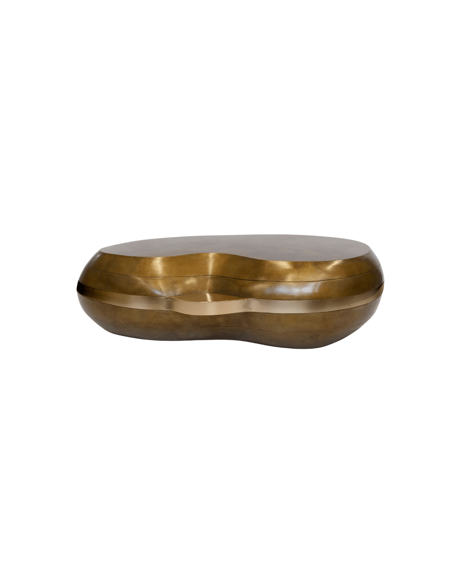 Layered Coffee Table by Konekt – patinated bronze low table, organic pebble form bisected by polished brass horizontal band