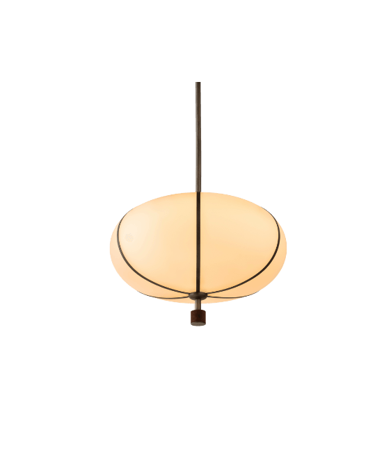 Rib Pendant Large Ellipse by Konekt, opal glass ellipse with dark metal ribs and walnut suede finial accent