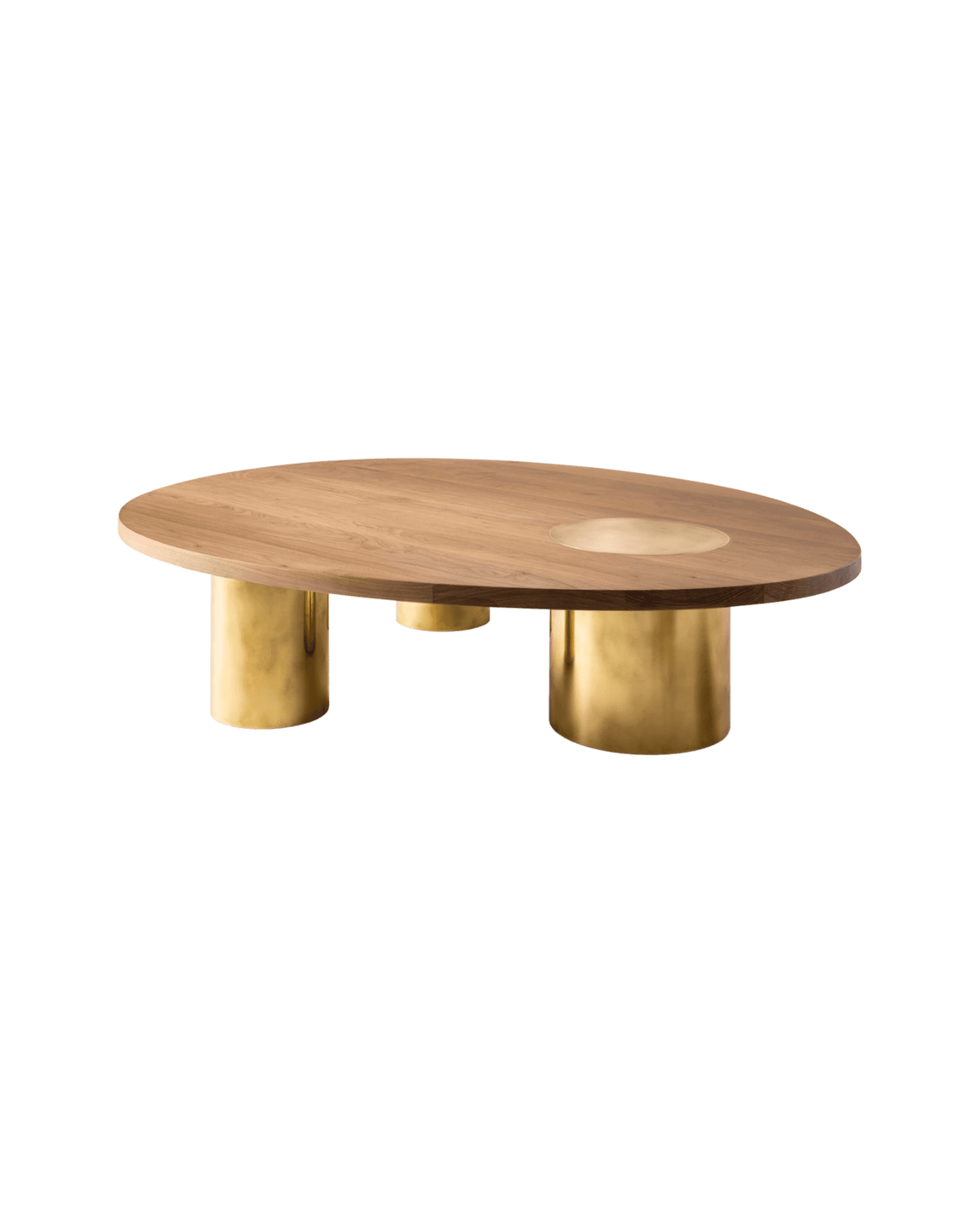 Silo Coffee Table Three Legs by Konekt, bleached walnut top with brass inlay and three cylindrical brass legs