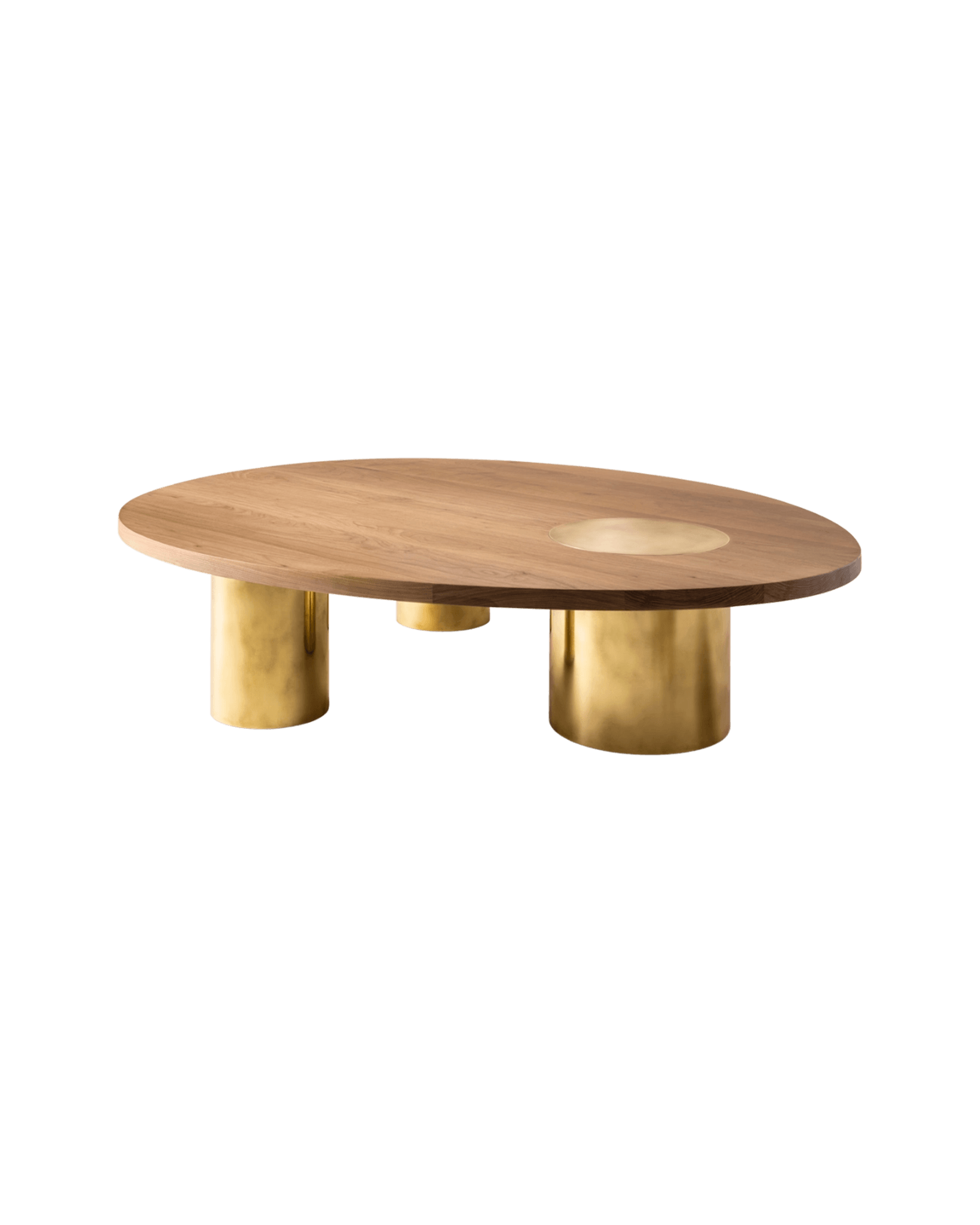 Silo Coffee Table Three Legs by Konekt, bleached walnut top with brass inlay and three cylindrical brass legs