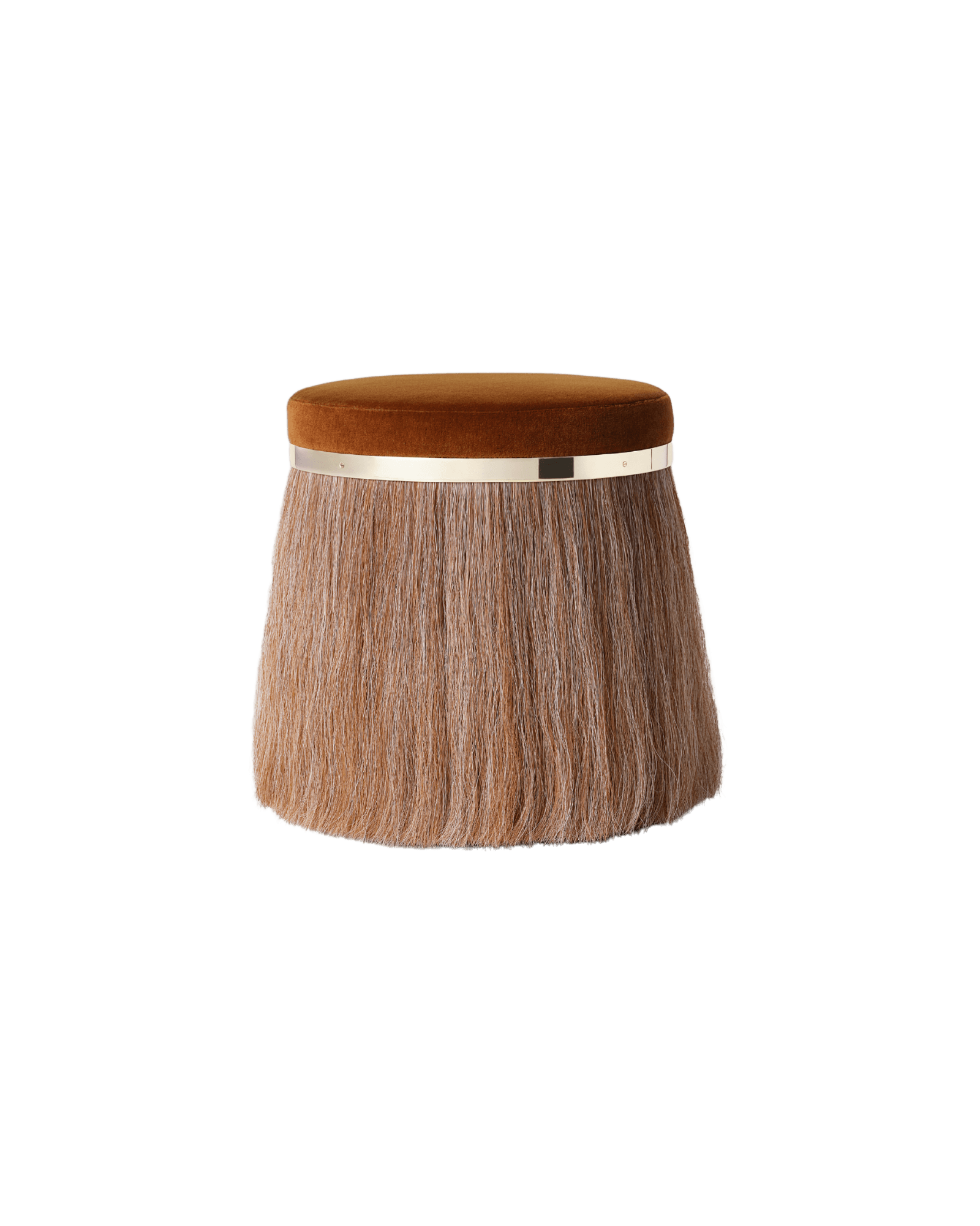 Thing 1 Stool by Konekt - velvet and horsehair stool, polished brass band, natural fringe skirt
