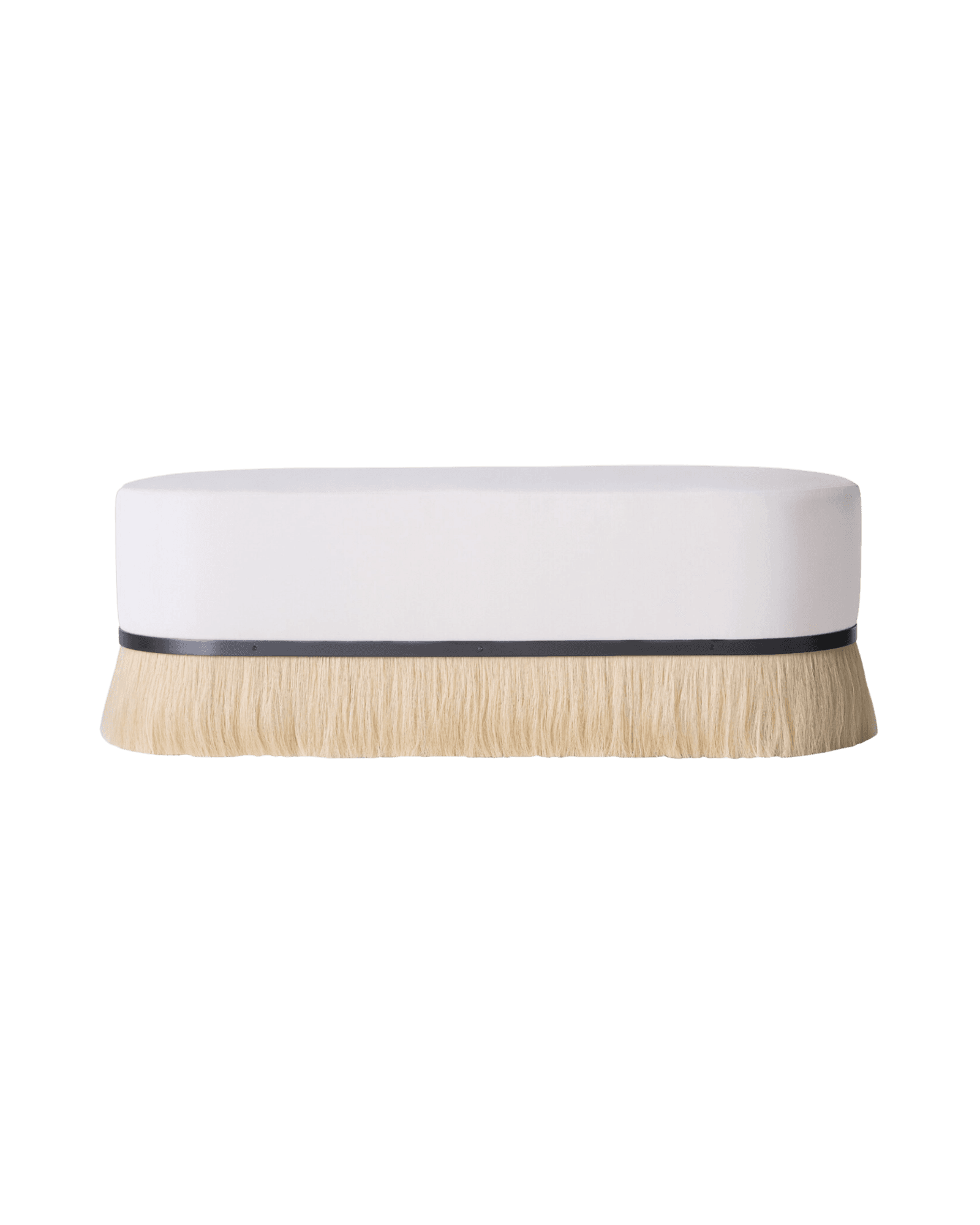 Thing 3 Ottoman Pill Large by Konekt - white upholstered top and horsehair fringe, pill form with metal band