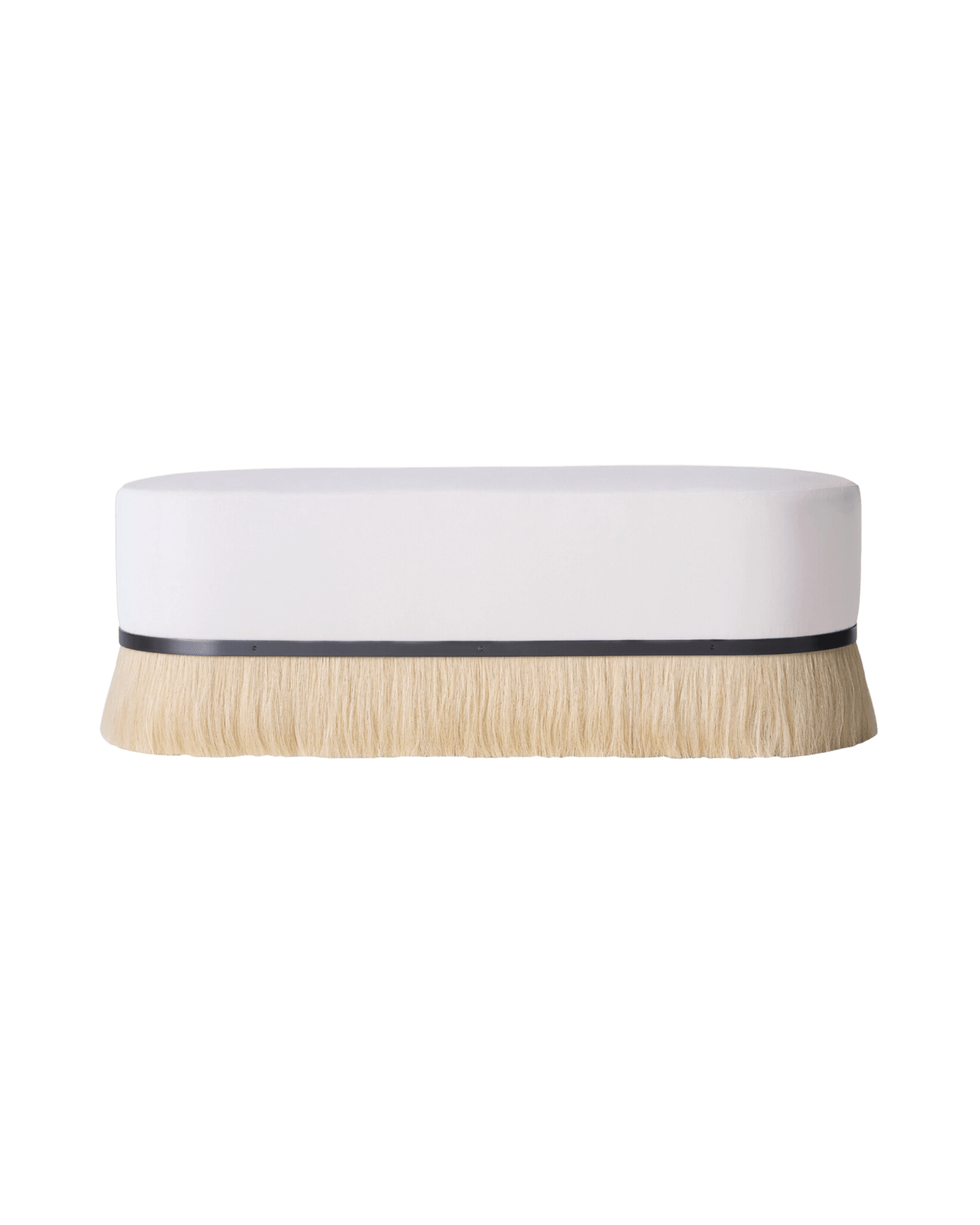 Thing 3 Ottoman Pill Large by Konekt - white upholstered top and horsehair fringe, pill form with metal band