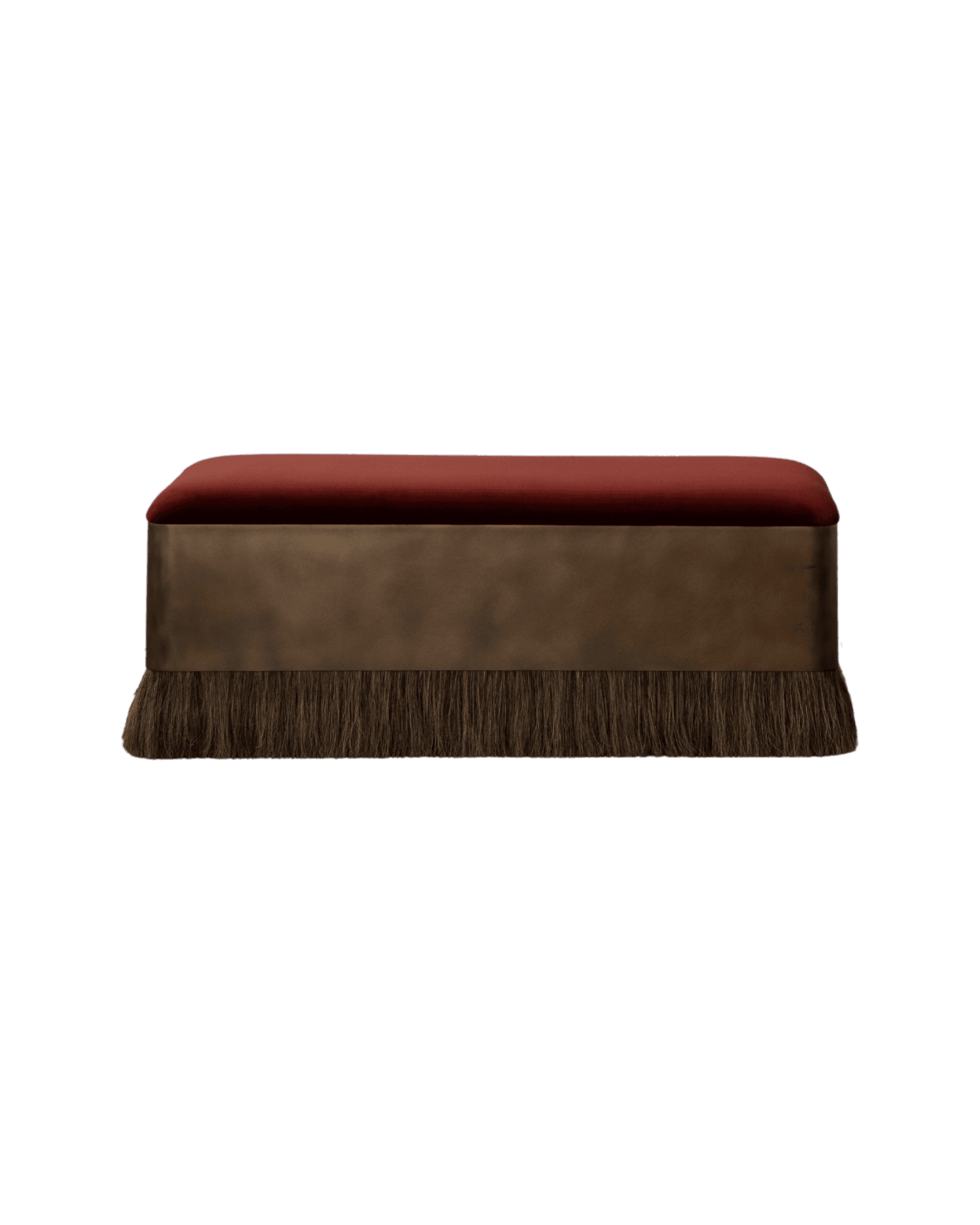 Thing 4 Ottoman Rectangle by Konekt - dark red velvet, bronze band, horsehair fringe base