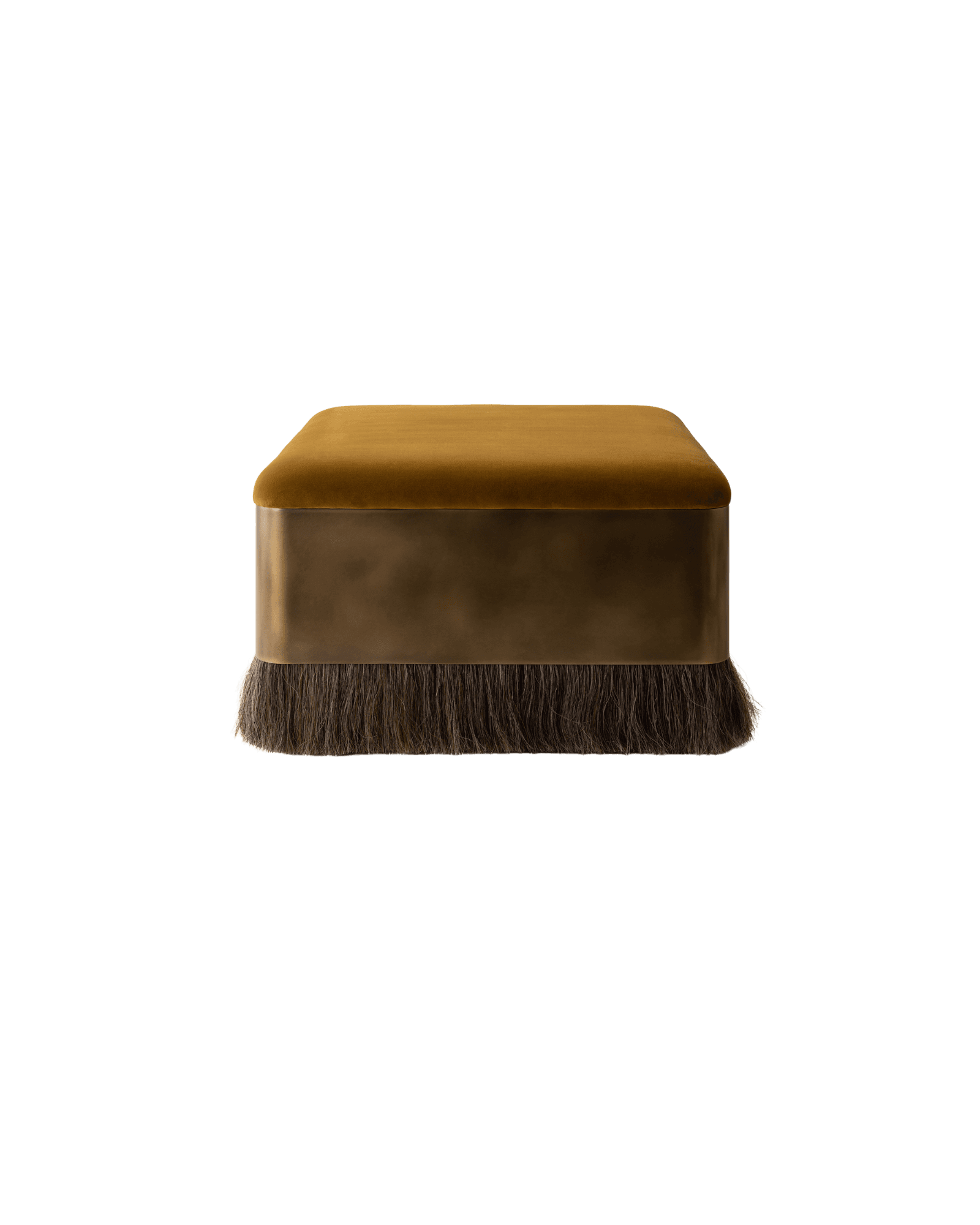 Thing 4 Ottoman Square by Konekt - golden yellow velvet, brushed bronze band, horsehair fringe