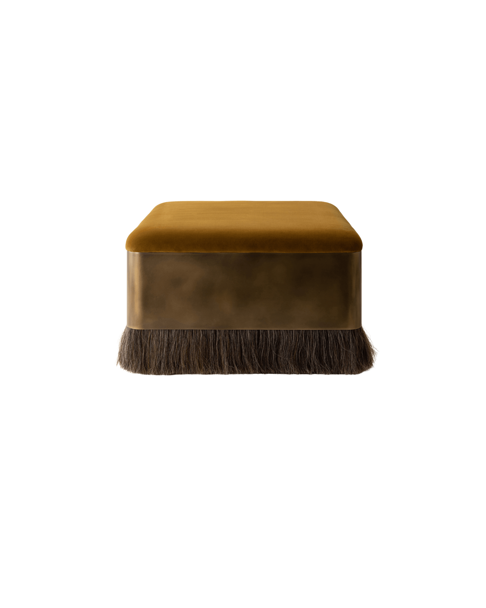 Thing 4 Ottoman Square by Konekt - golden yellow velvet, brushed bronze band, horsehair fringe