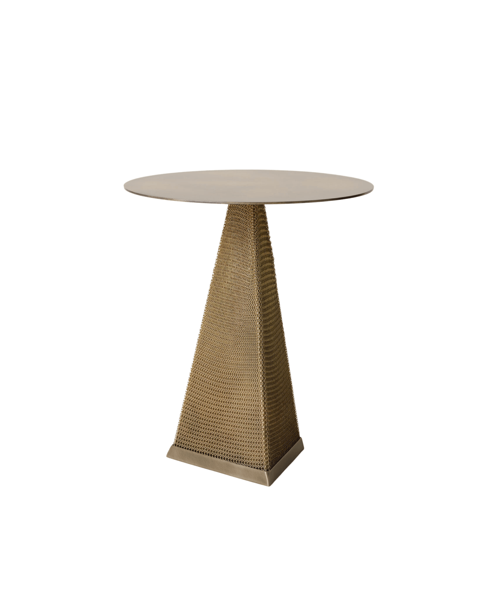 Triangle Side Table by Konekt - brass chainmail side table, round gold top, woven mesh base