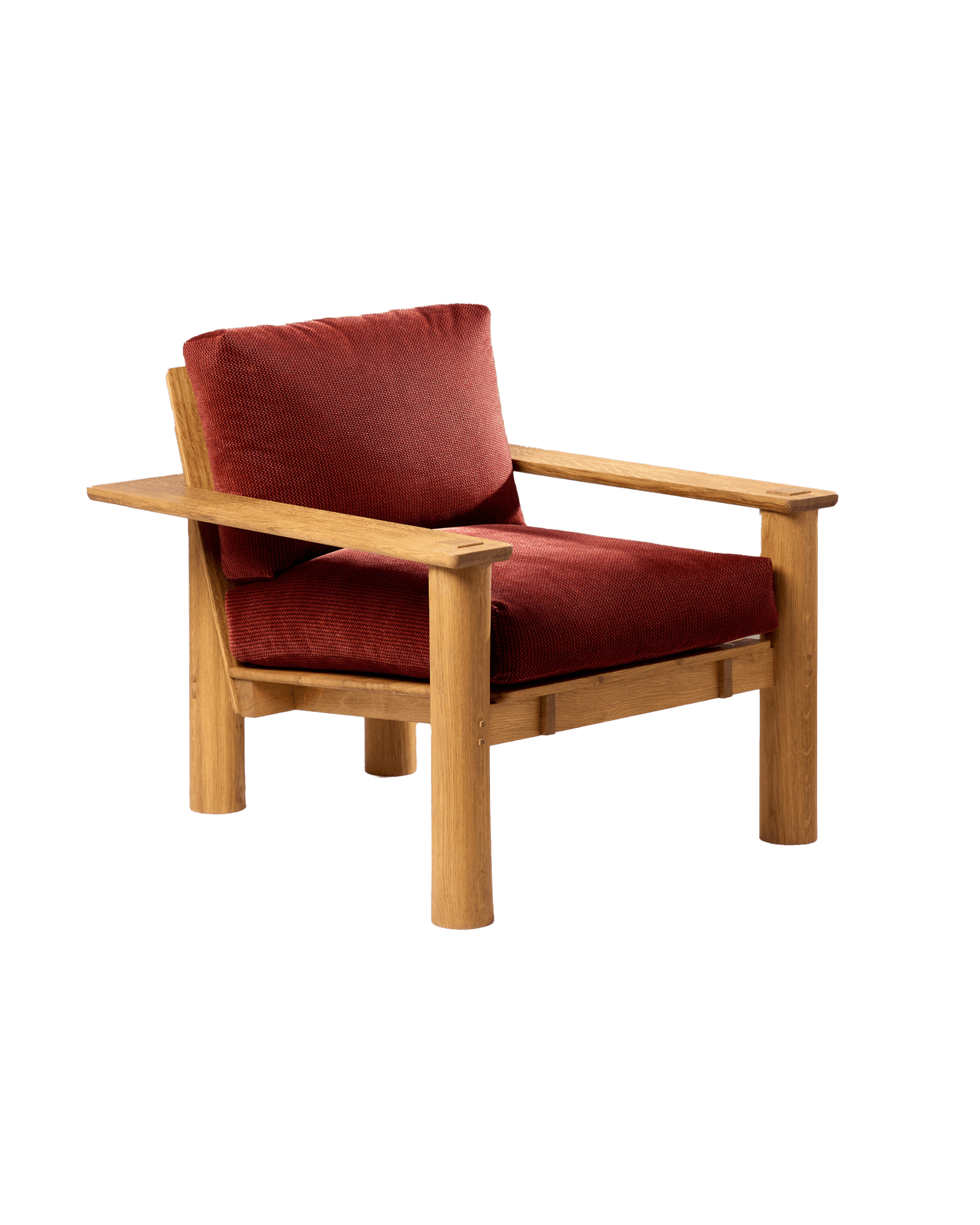 Fauteuil n°1 by L'Établissement, solid natural wood armchair with reddish-orange woven cushions, La Courneuve