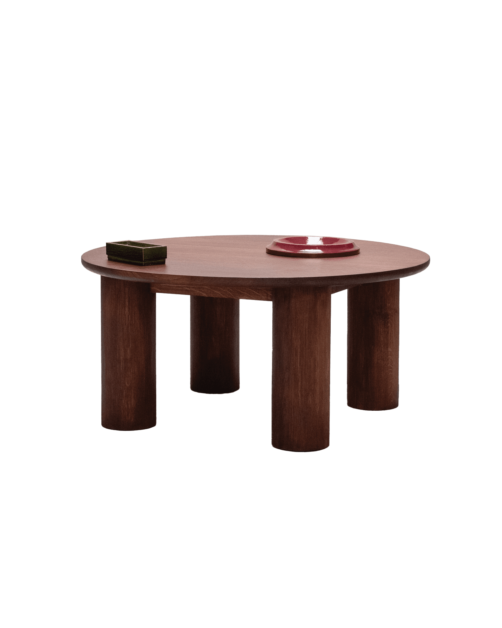 Table Basse n°1 by L'Établissement, round solid wood coffee table with thick top and cylindrical legs, warm brown