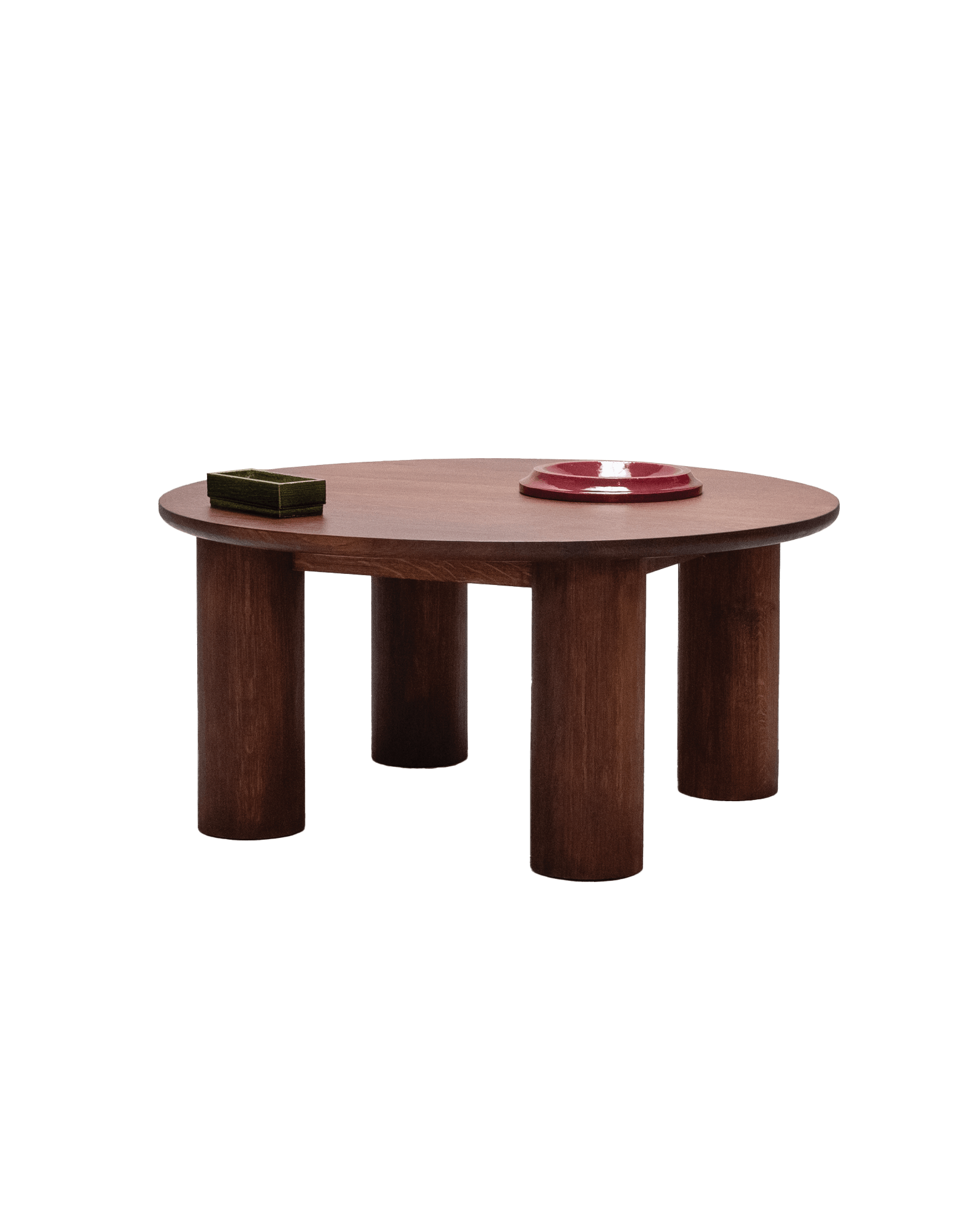 Table Basse n°1 by L'Établissement, round solid wood coffee table with thick top and cylindrical legs, warm brown