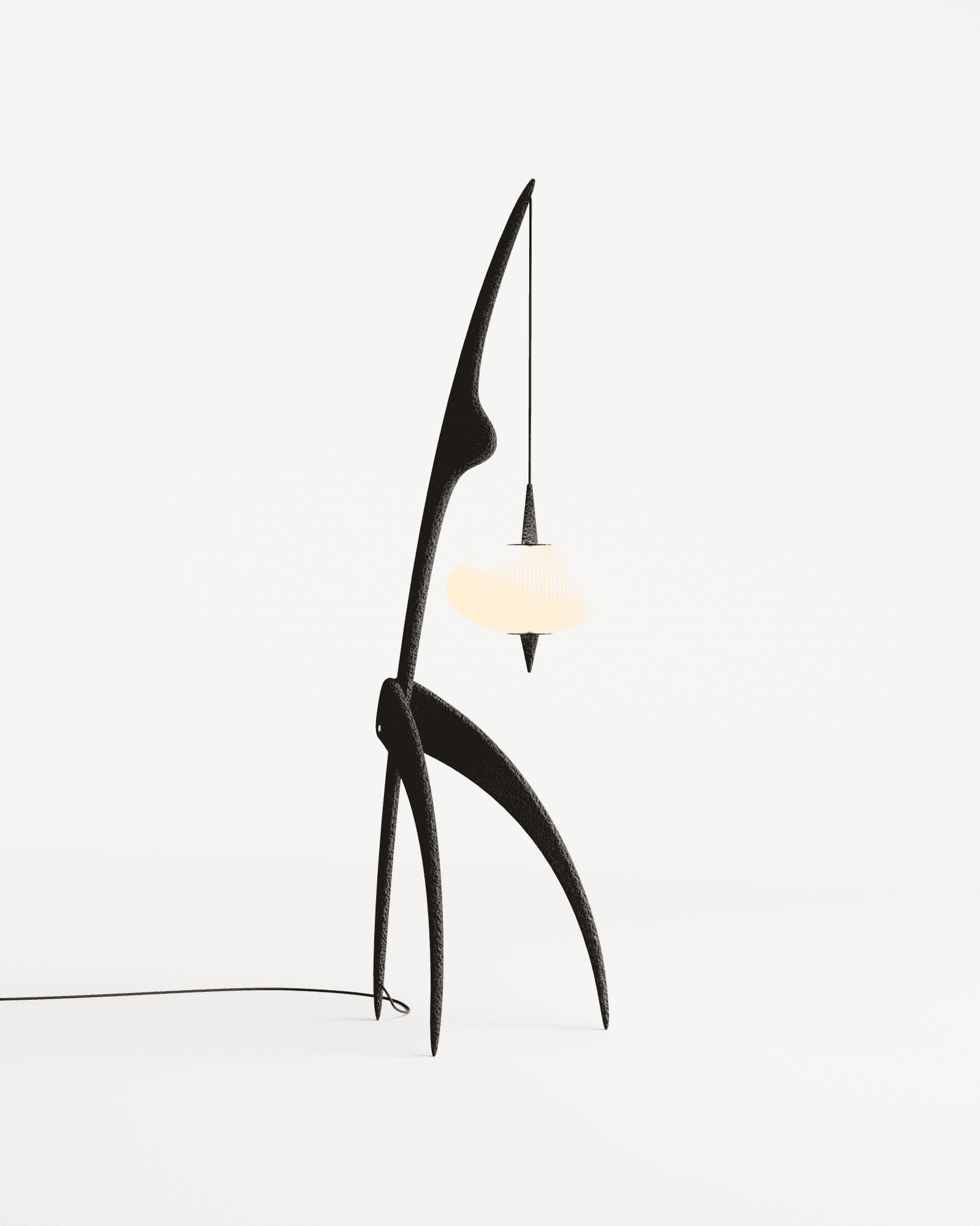 La Mante Religieuse by Rispal x Lucas Castex – dark wood floor lamp, biomorphic multi-legged base, pleated off-white shade