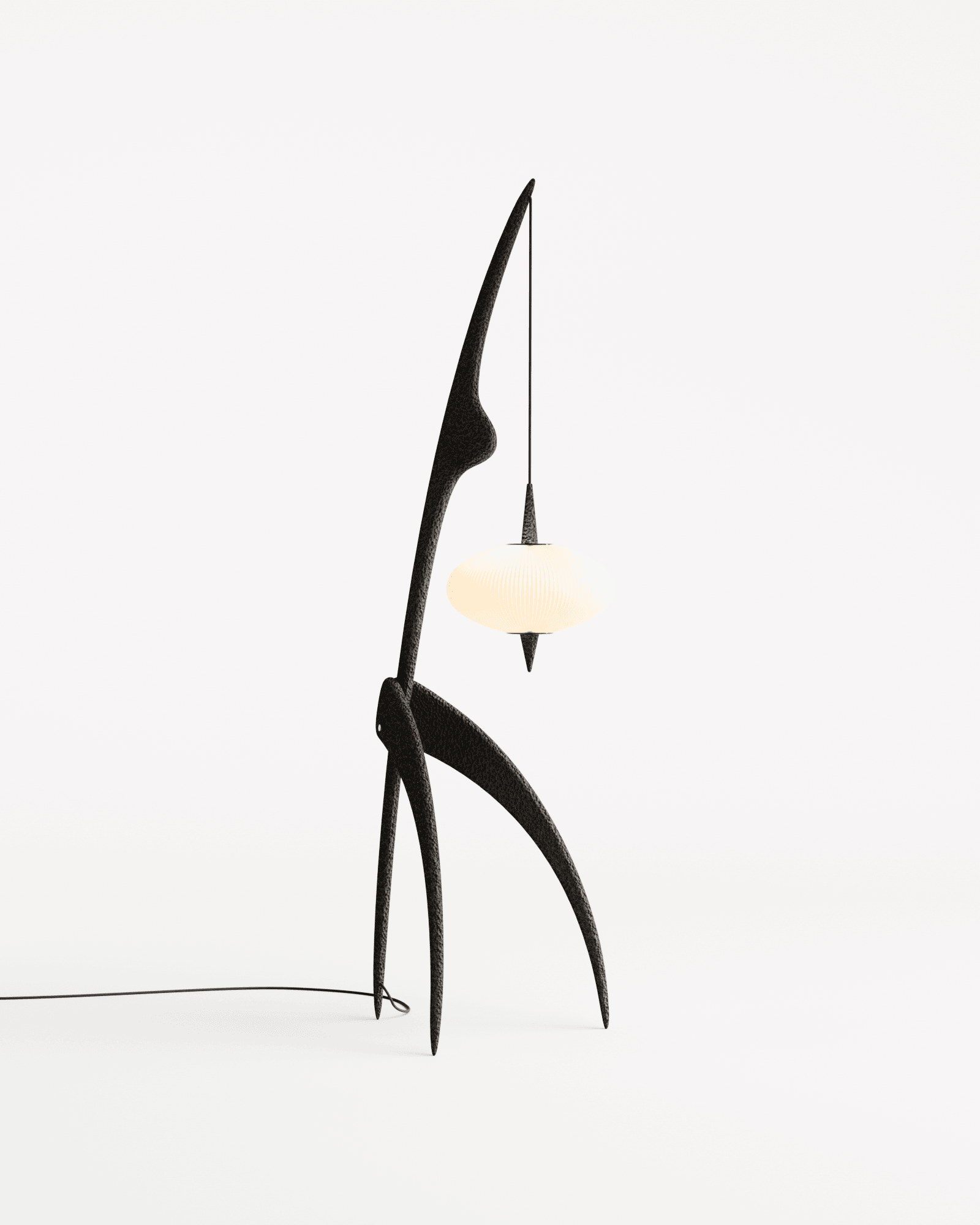 La Mante Religieuse by Rispal x Lucas Castex – dark wood floor lamp, biomorphic multi-legged base, pleated off-white shade