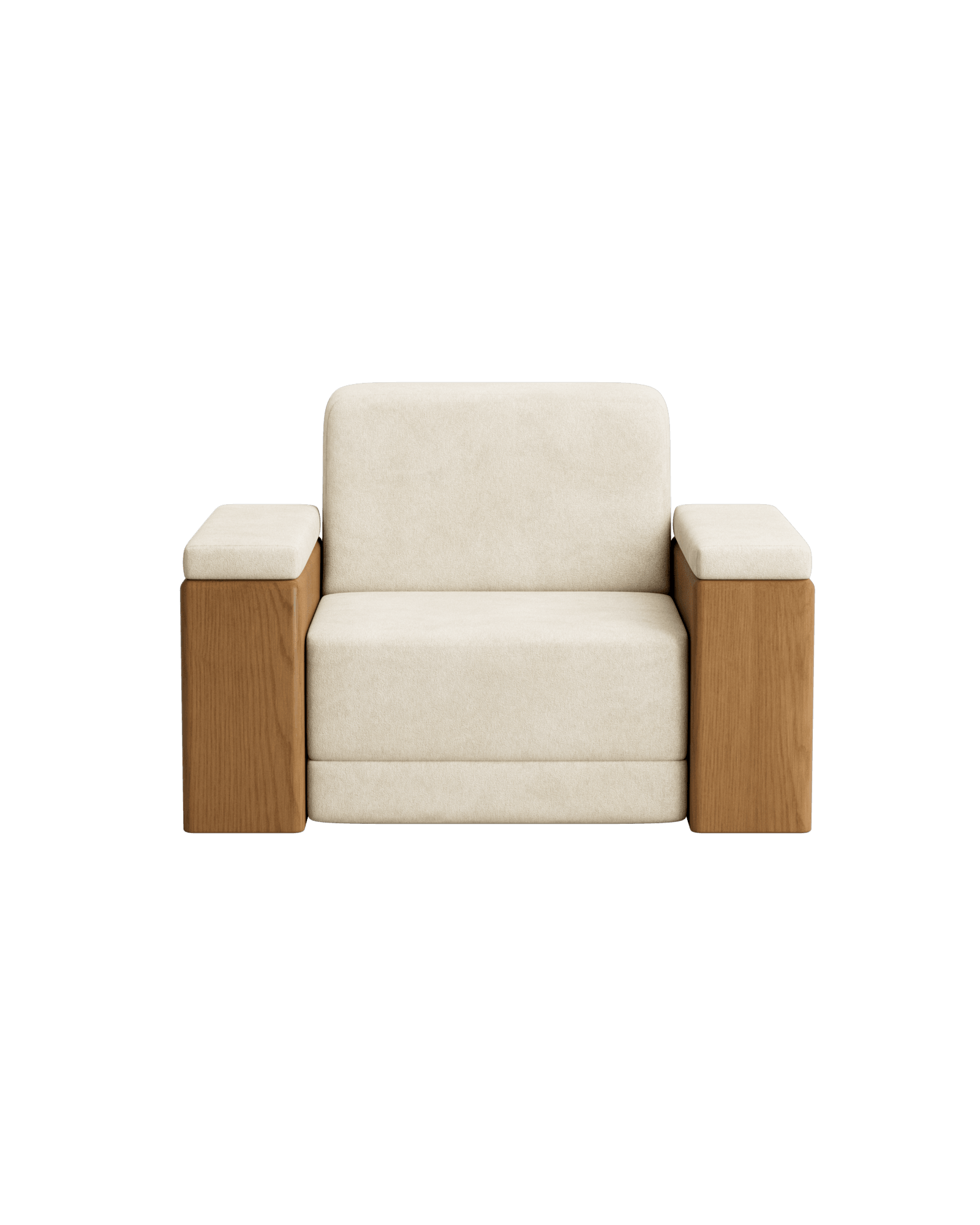 Leman Armchair by Vincent Mazenauer - solid ash armrests, cream upholstery, boxy minimalist silhouette