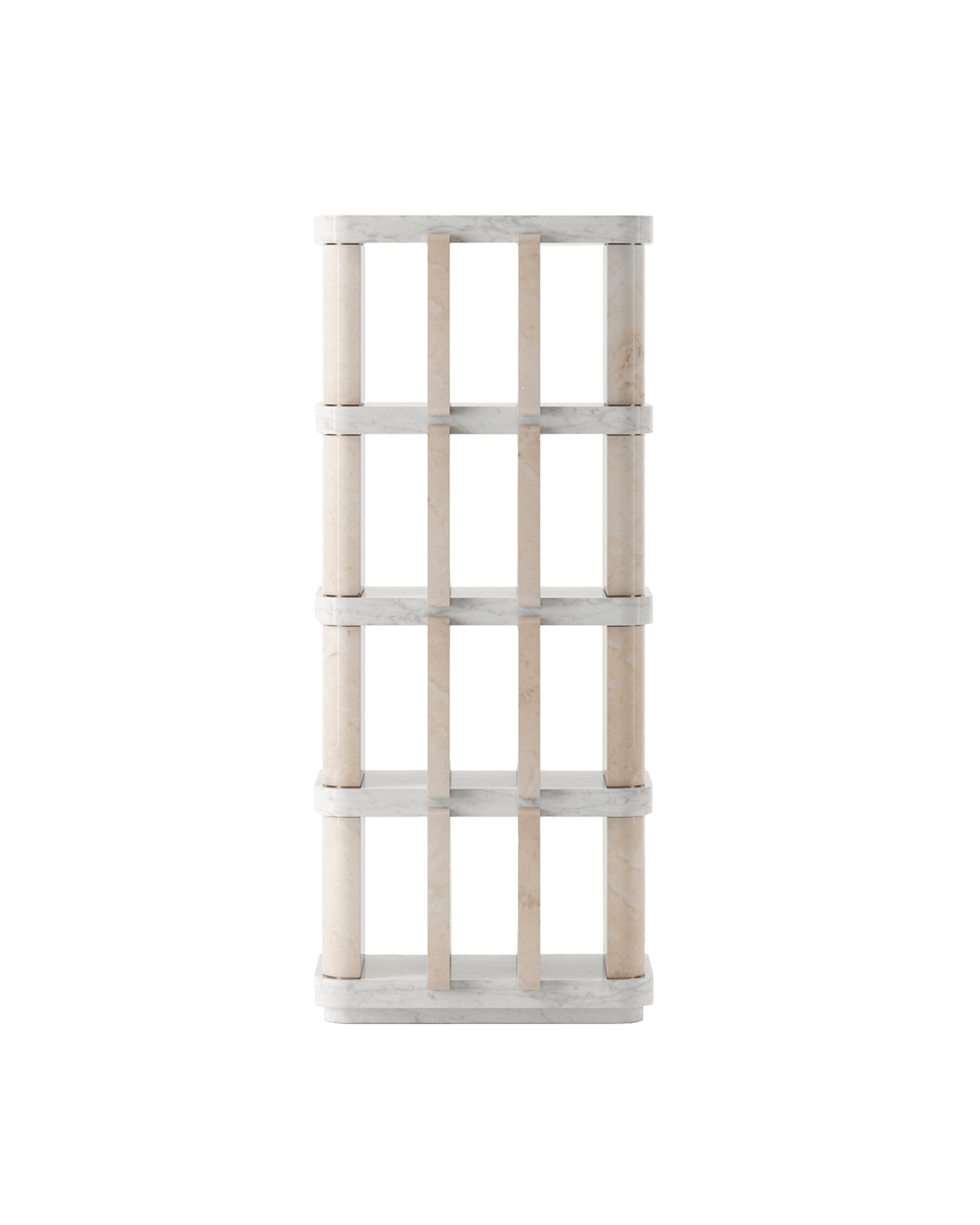 Barboure Unit in two-tone white and beige marble by Lemon Furniture, open grid shelving structure
