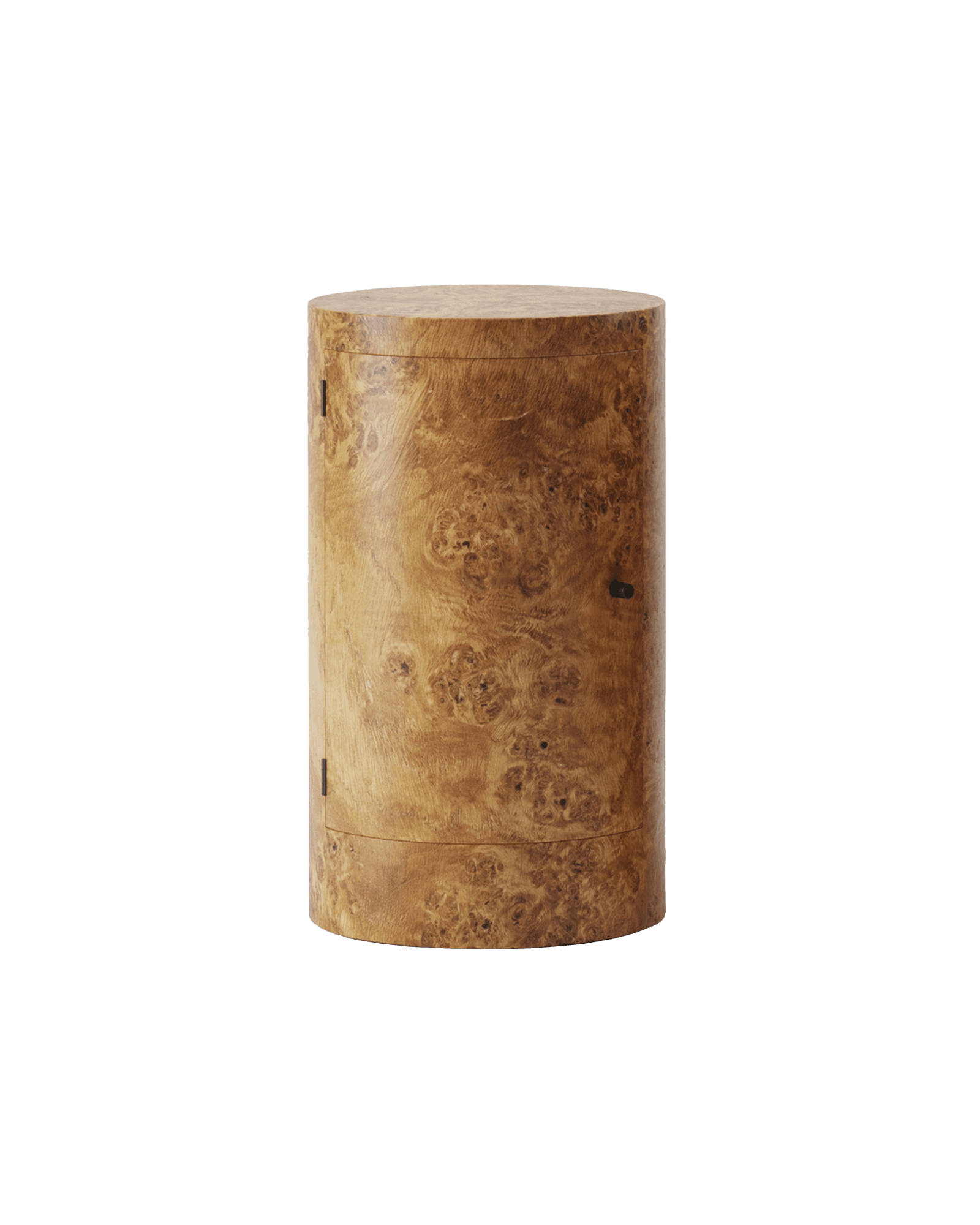 Constant Nightstand in burl wood veneer by Lemon Furniture, drum form, recessed metal accents