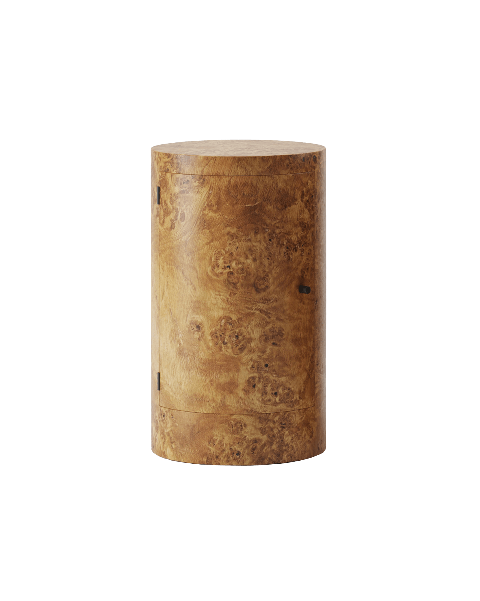 Constant Nightstand in burl wood veneer by Lemon Furniture, drum form, recessed metal accents