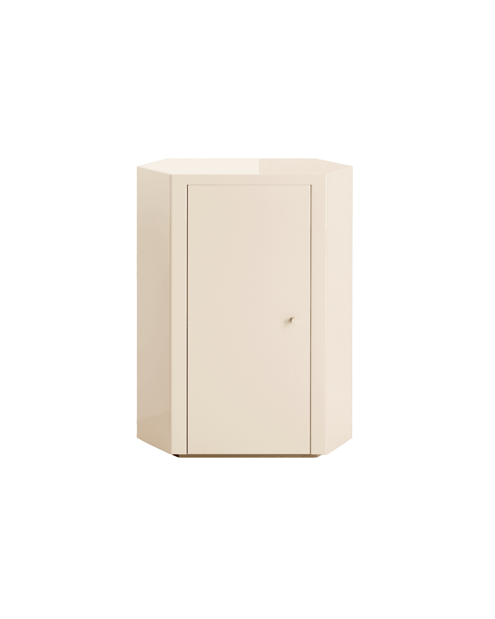 Park Nightstand in cream lacquered finish by Lemon Furniture, octagonal form, flush door