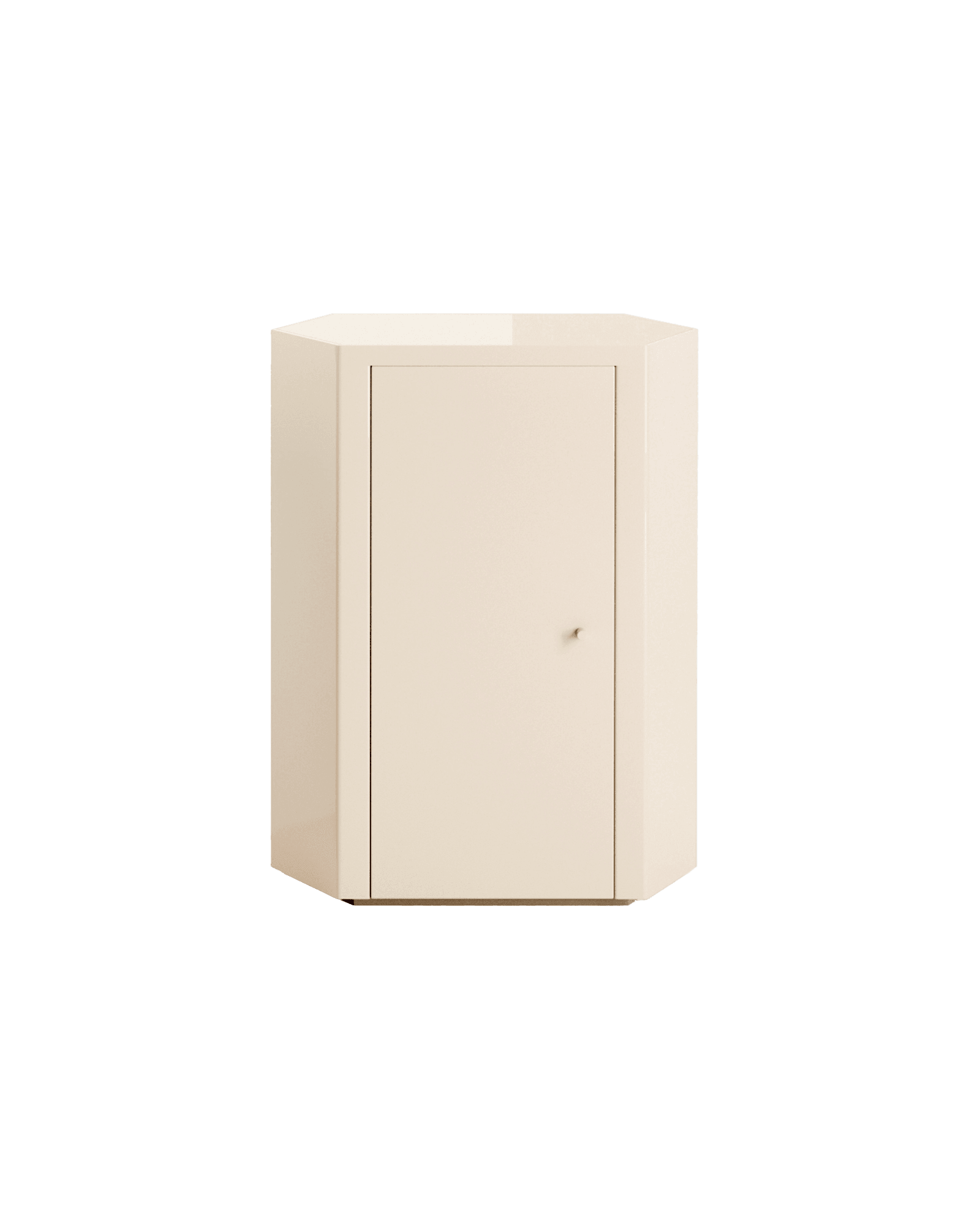 Park Nightstand in cream lacquered finish by Lemon Furniture, octagonal form, flush door
