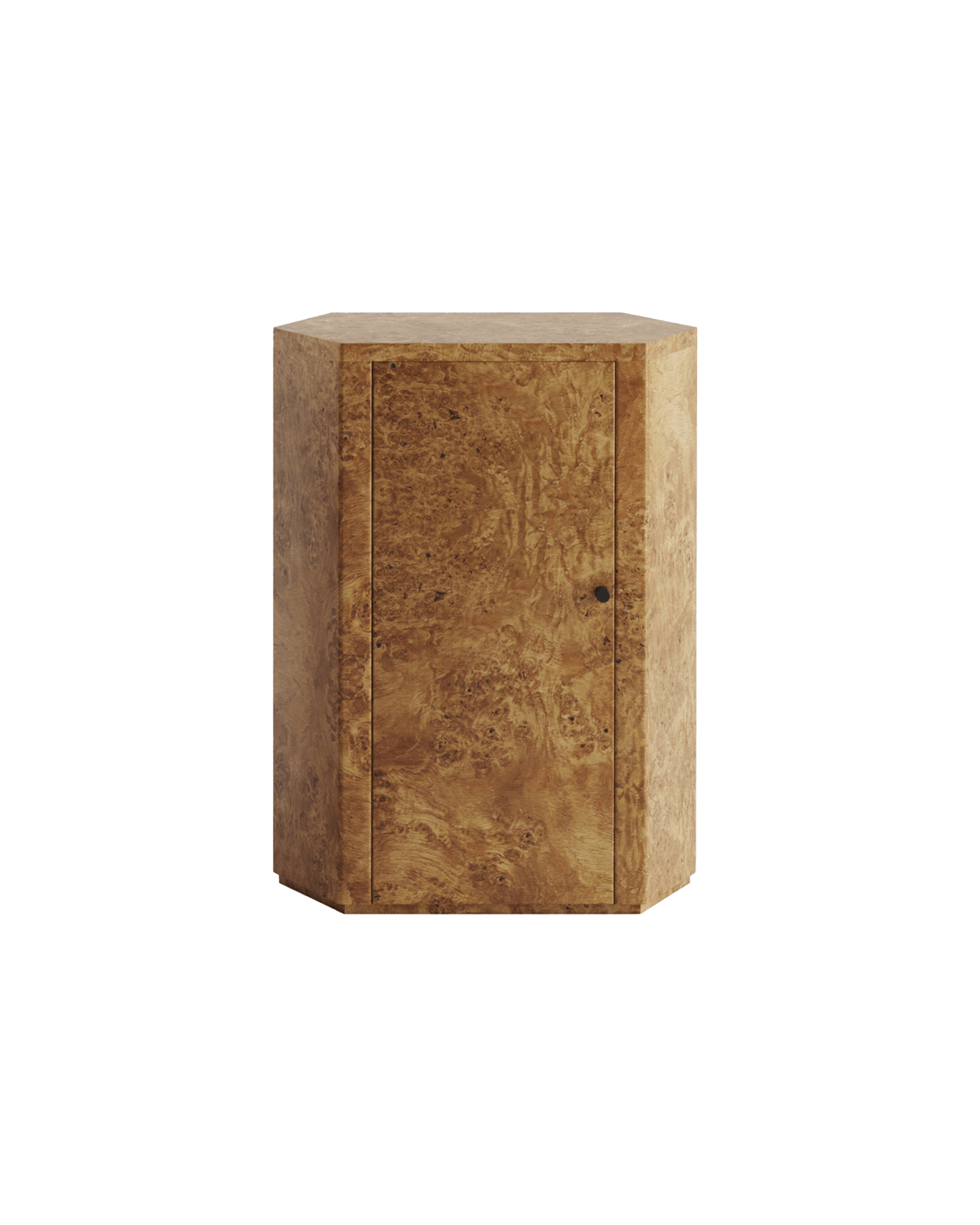 Park Nightstand in golden-brown burl wood veneer by Lemon Furniture, hexagonal form, flush door