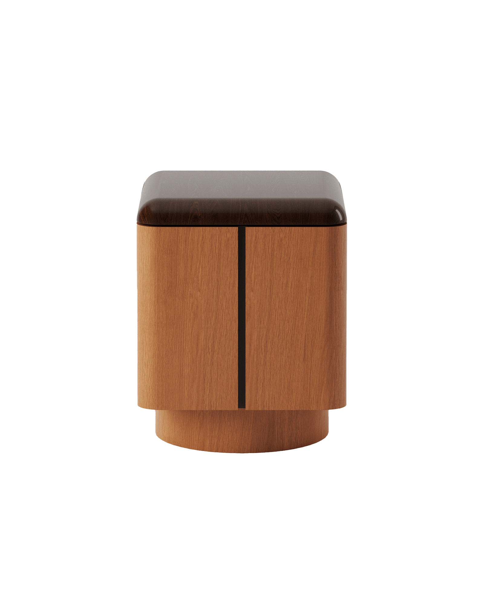 Various Positions Nightstand in two-tone wood by Lemon Furniture, dark high-gloss top, two-door storage