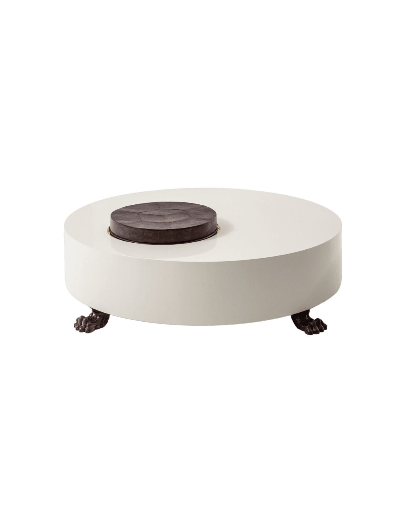 115KKZ low table by Emiliano Salci for Dimoremilano, off-white lacquered base, walnut root top, bronze lion paw legs