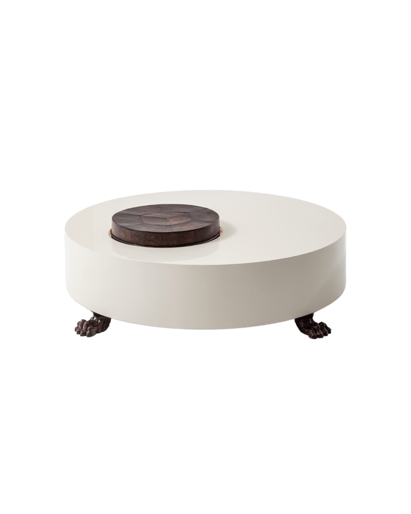 115KKZ low table by Emiliano Salci for Dimoremilano, off-white lacquered base, walnut root top, bronze lion paw legs