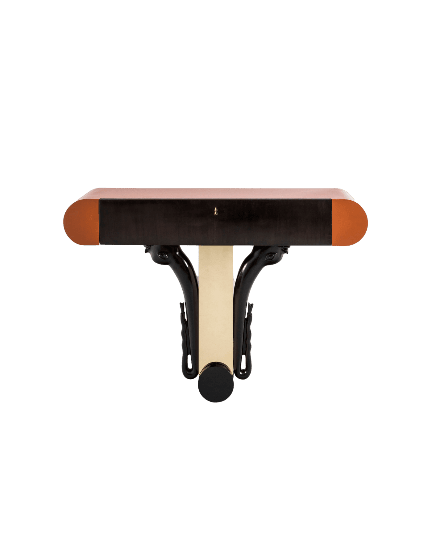 CD231 console by Emiliano Salci for Dimoremilano, lacquered wood, fish-carved linden central leg, gold metal frame