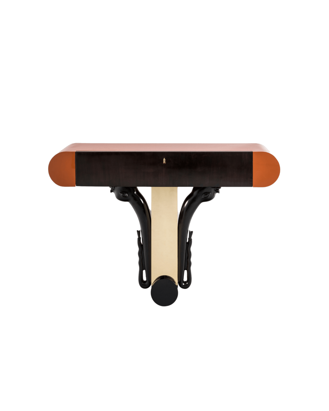 CD231 console by Emiliano Salci for Dimoremilano, lacquered wood, fish-carved linden central leg, gold metal frame