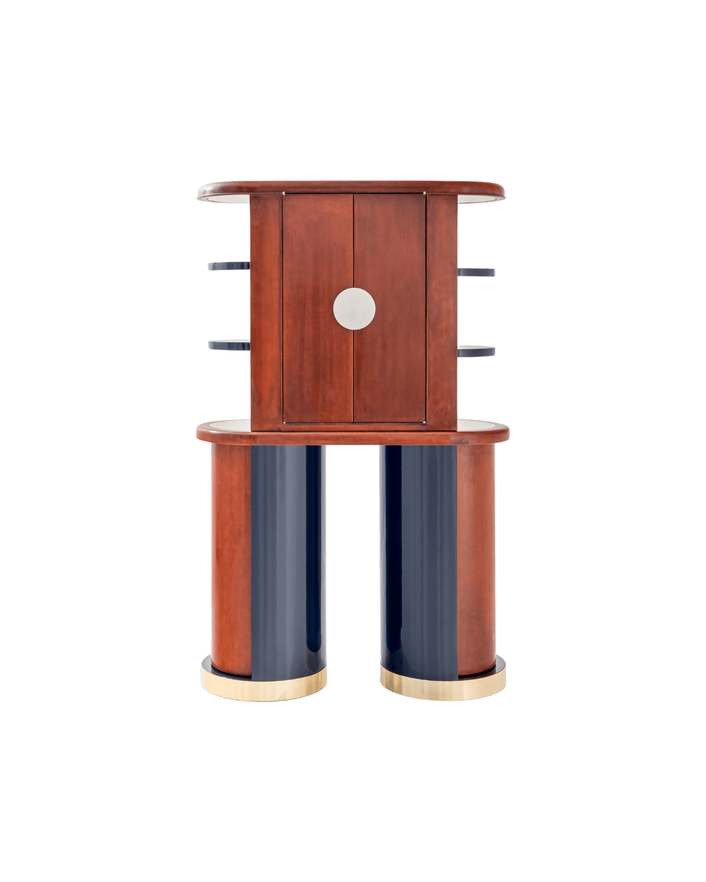 D720FL bar cabinet by Emiliano Salci for Dimoremilano, two-part lacquered wood, gold brass accents, rounded upper unit
