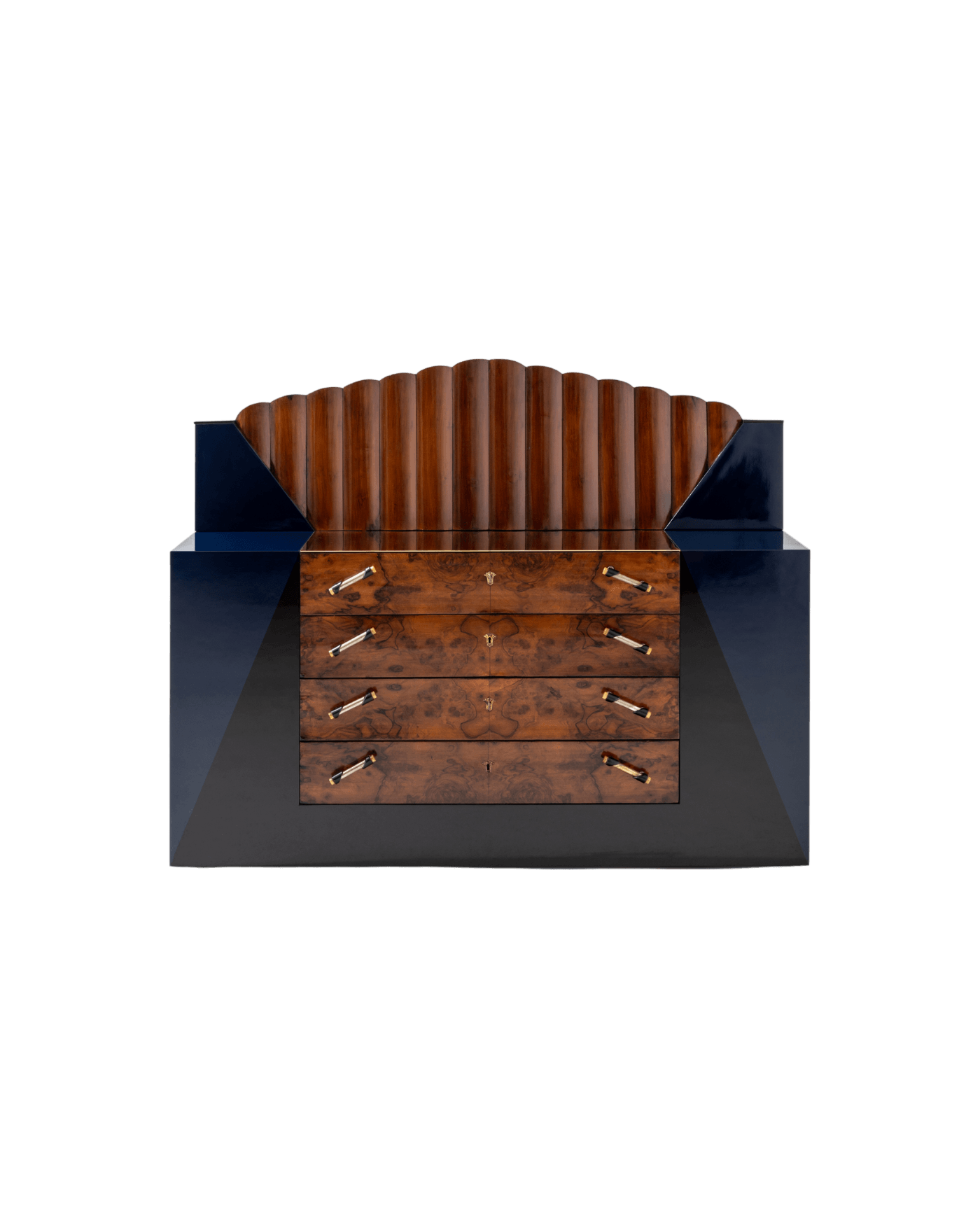 ES728 chest of drawers by Emiliano Salci for Dimoremilano, lacquered wood, walnut burl drawers, polished gold hardware