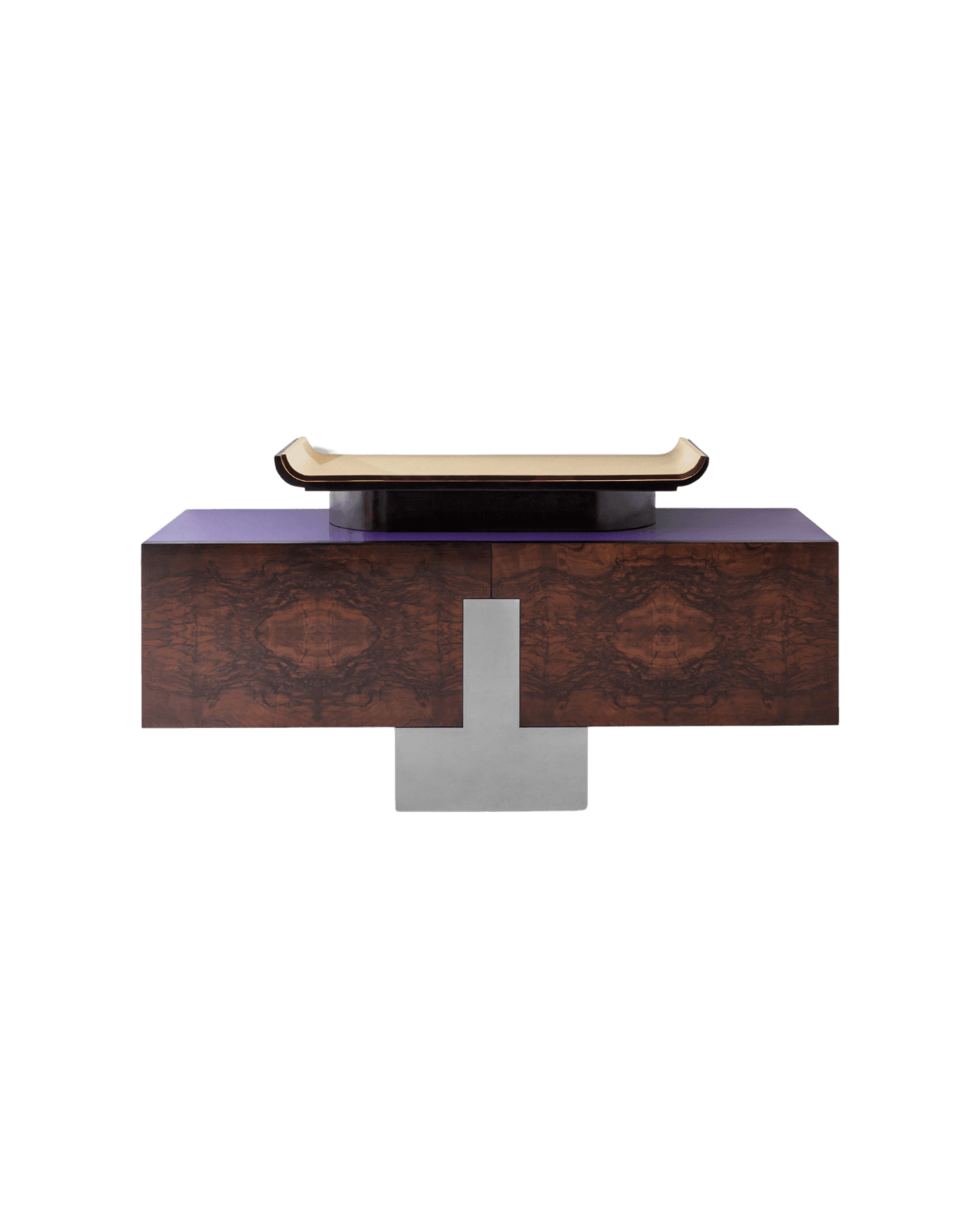 SH742L sideboard by Emiliano Salci for Dimoremilano, book-matched burl veneer, purple lacquered top, silver metal base