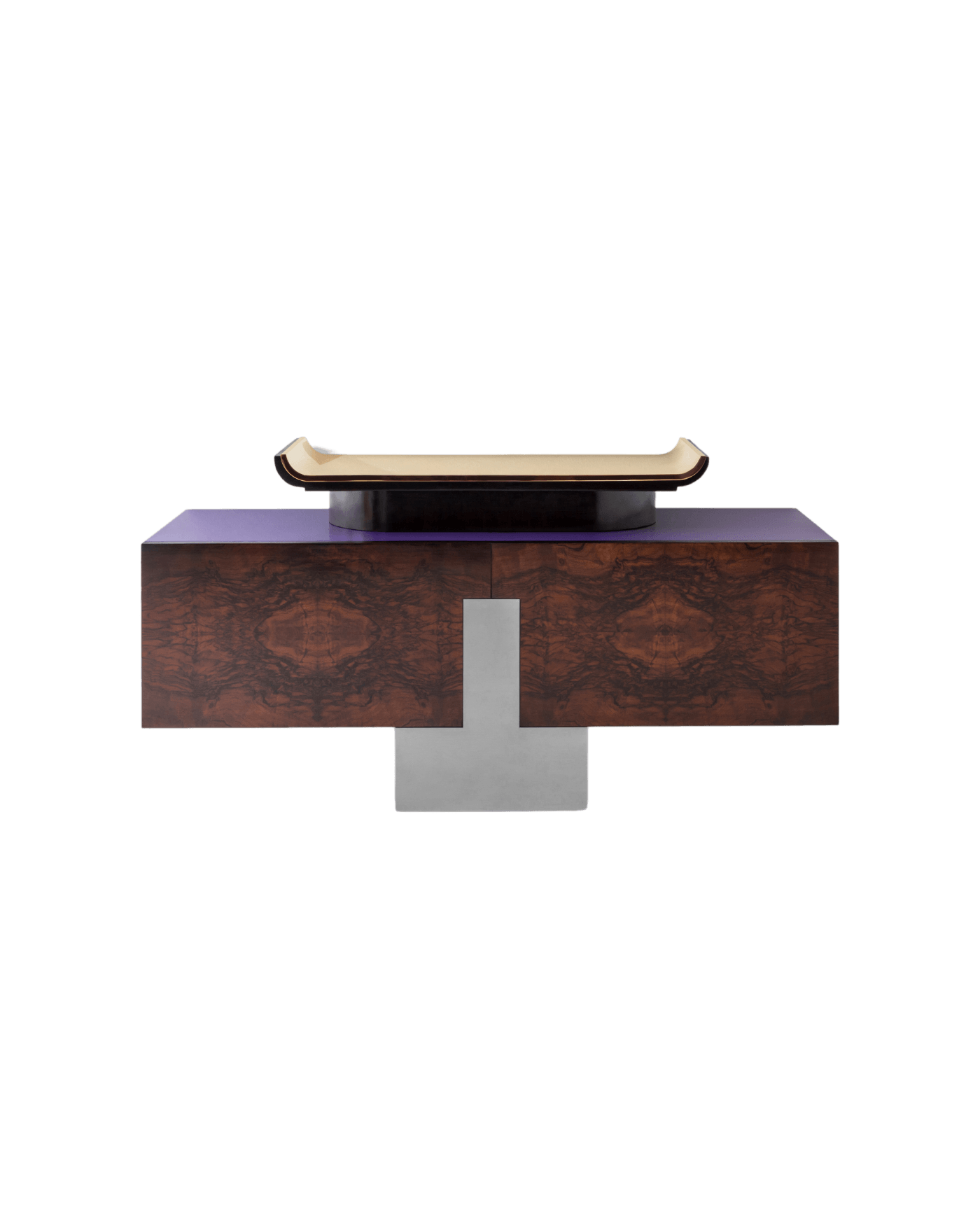 SH742L sideboard by Emiliano Salci for Dimoremilano, book-matched burl veneer, purple lacquered top, silver metal base