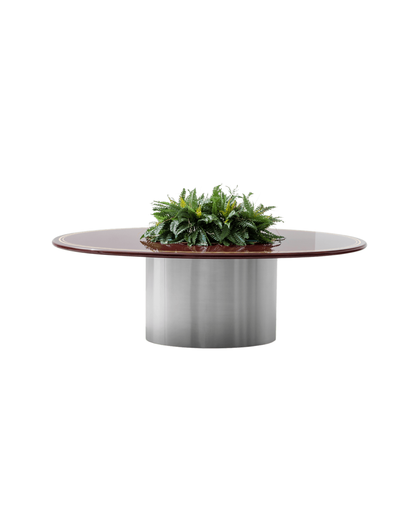 TO3000 dining table by Emiliano Salci for Dimoremilano, round lacquered top, gold trim, brushed steel pedestal