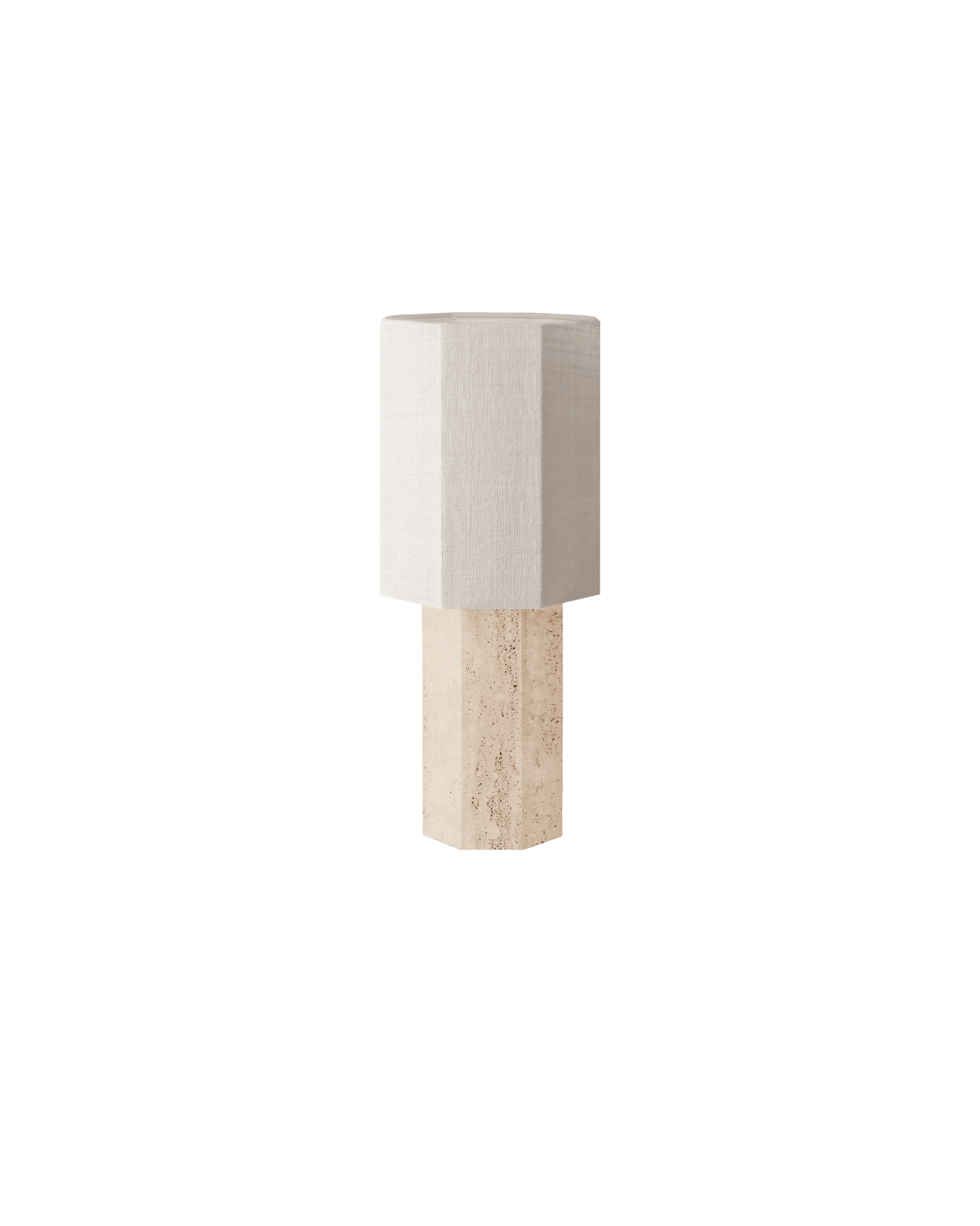 Eight Over Eight Grande by Louise Roe - travertine table lamp, hexagonal stone base with off-white fabric shade