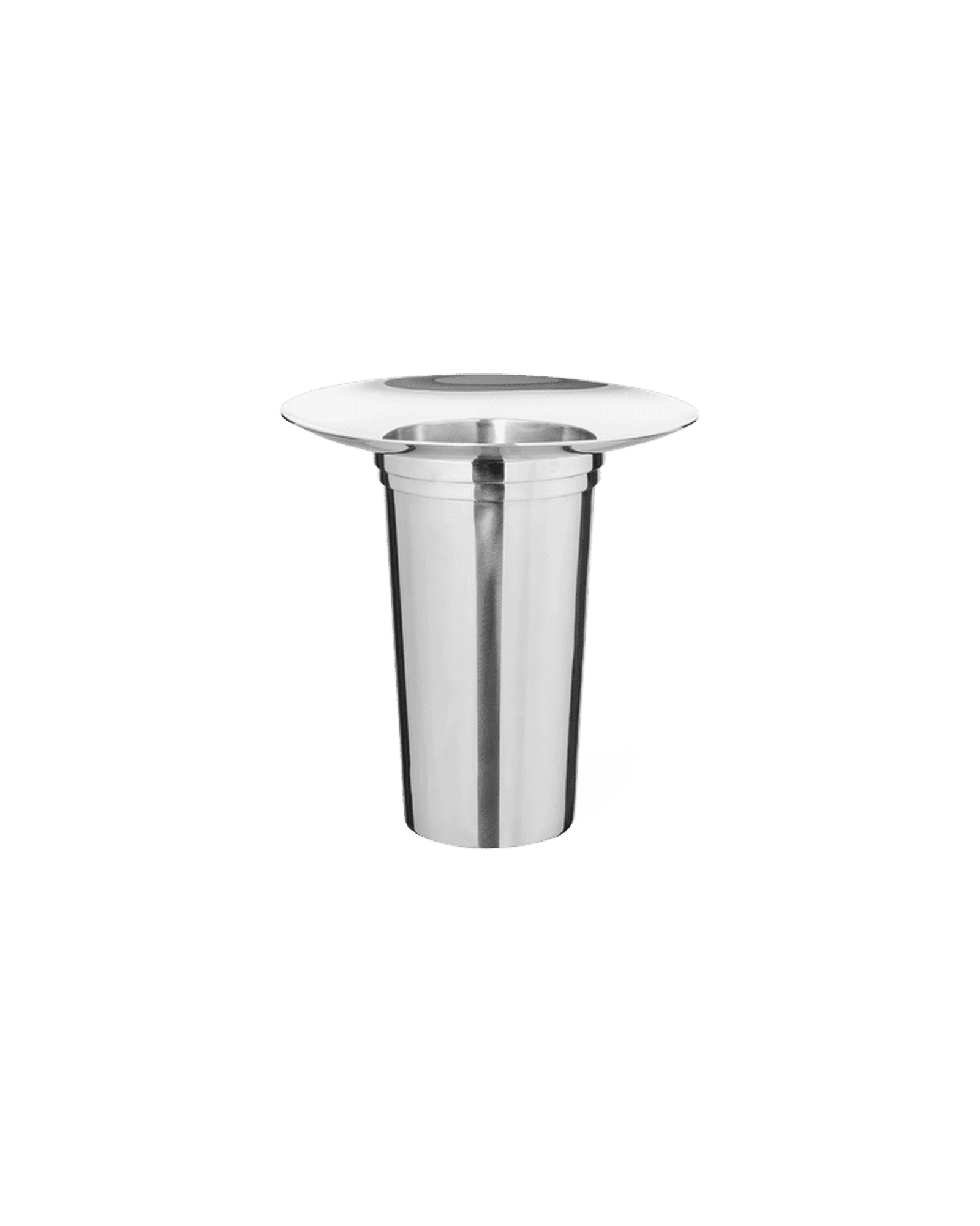 Fountain Vase 01 by Louise Roe - polished metal vase, tall slender cylinder with wide flared disc top