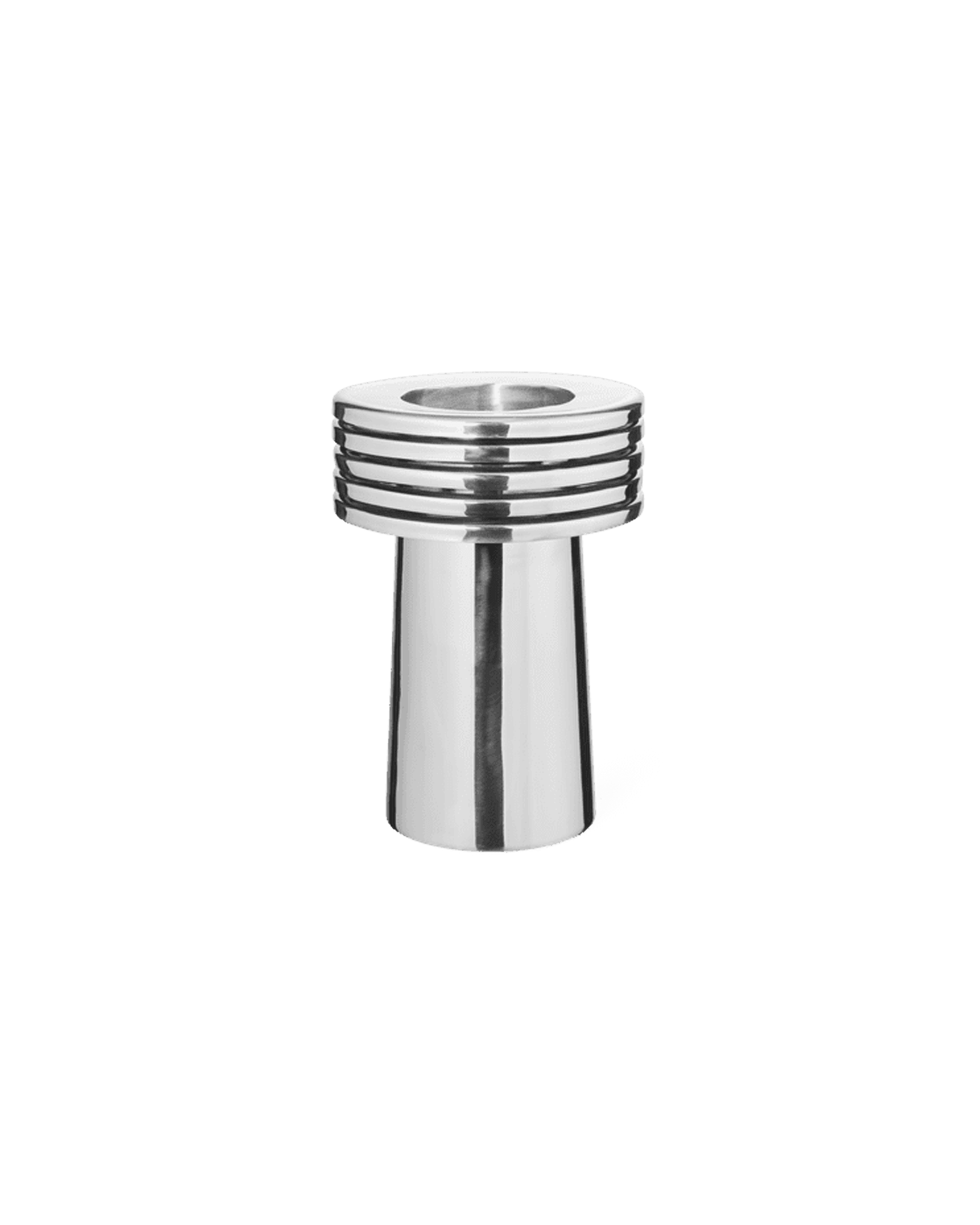 Fountain Vase 03 by Louise Roe - polished stainless vase, short cylinder with four horizontal ridges