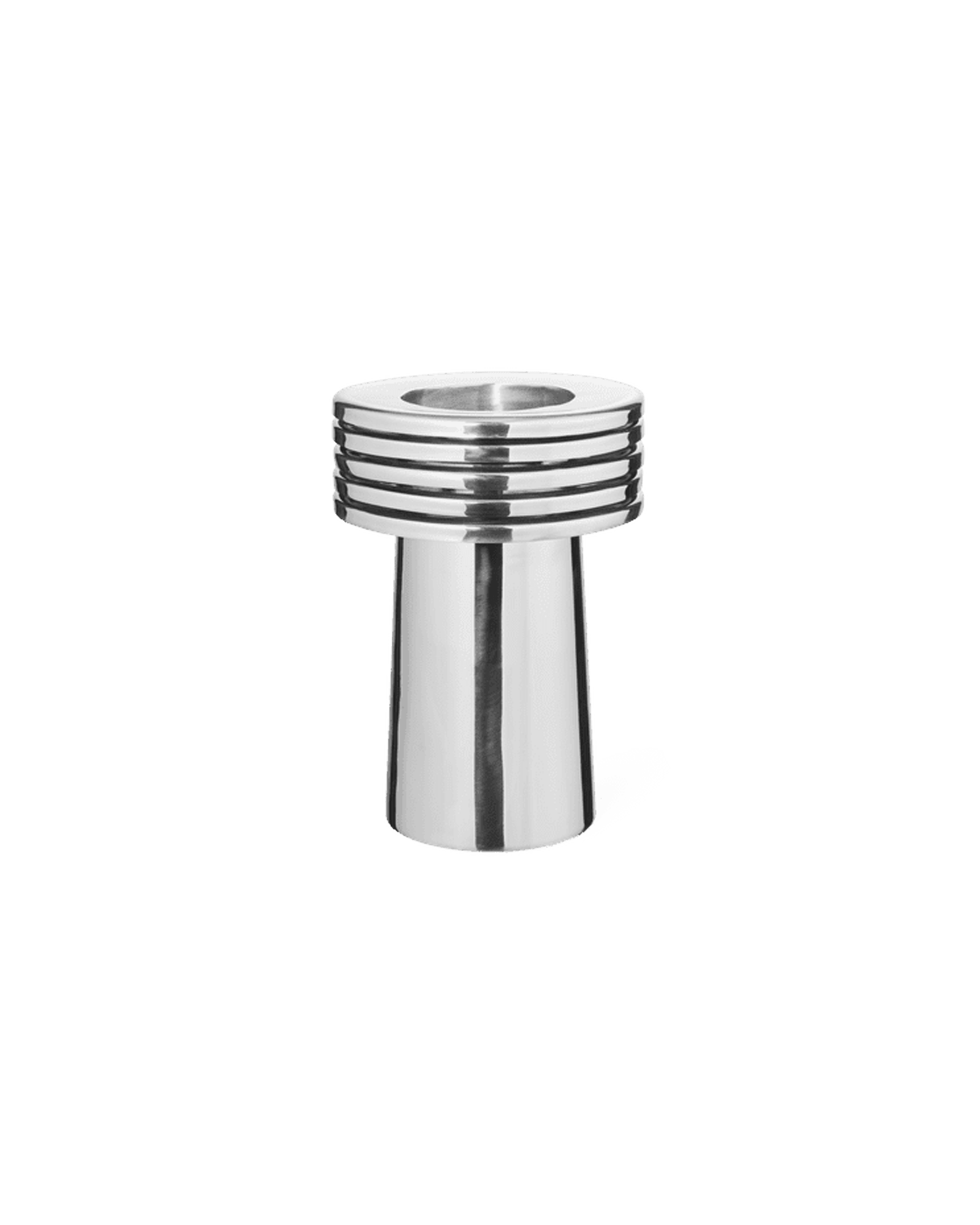 Fountain Vase 03 by Louise Roe - polished stainless vase, short cylinder with four horizontal ridges