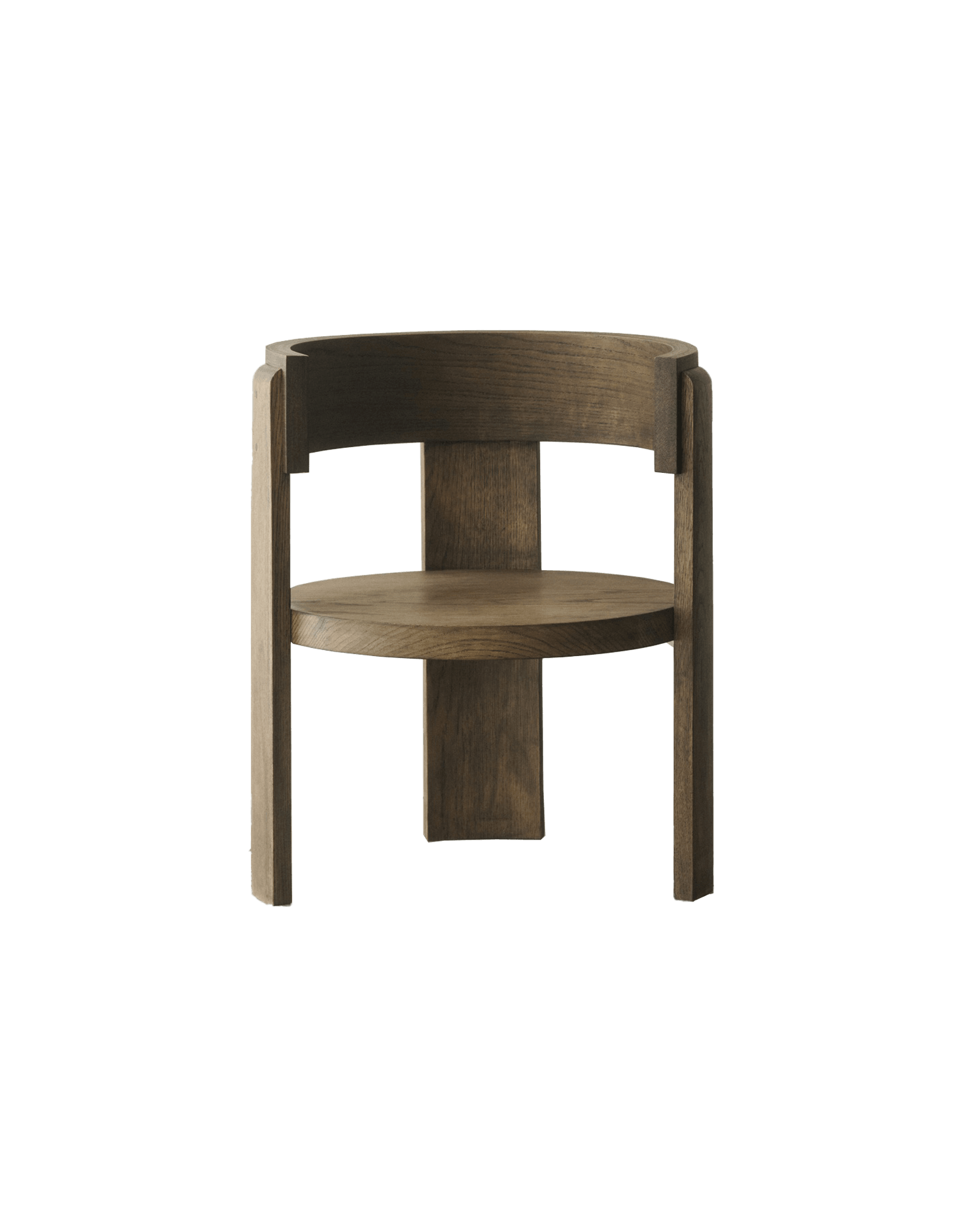 Spina Armchair by Louise Roe - dark-stained solid wood, curved backrest, round seat, central support