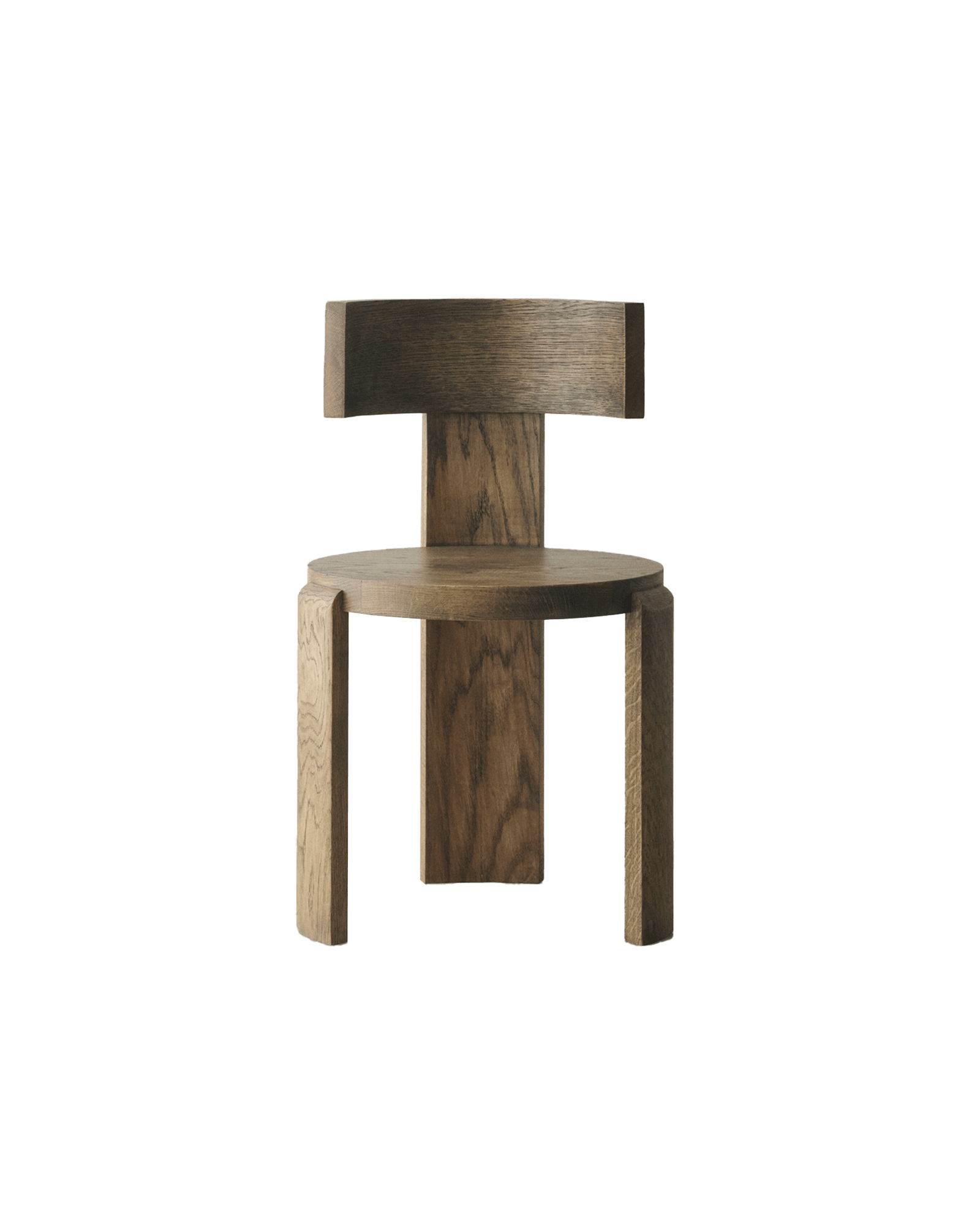 Spina Chair by Louise Roe - dark-stained solid wood, T-shaped backrest, circular seat, three legs