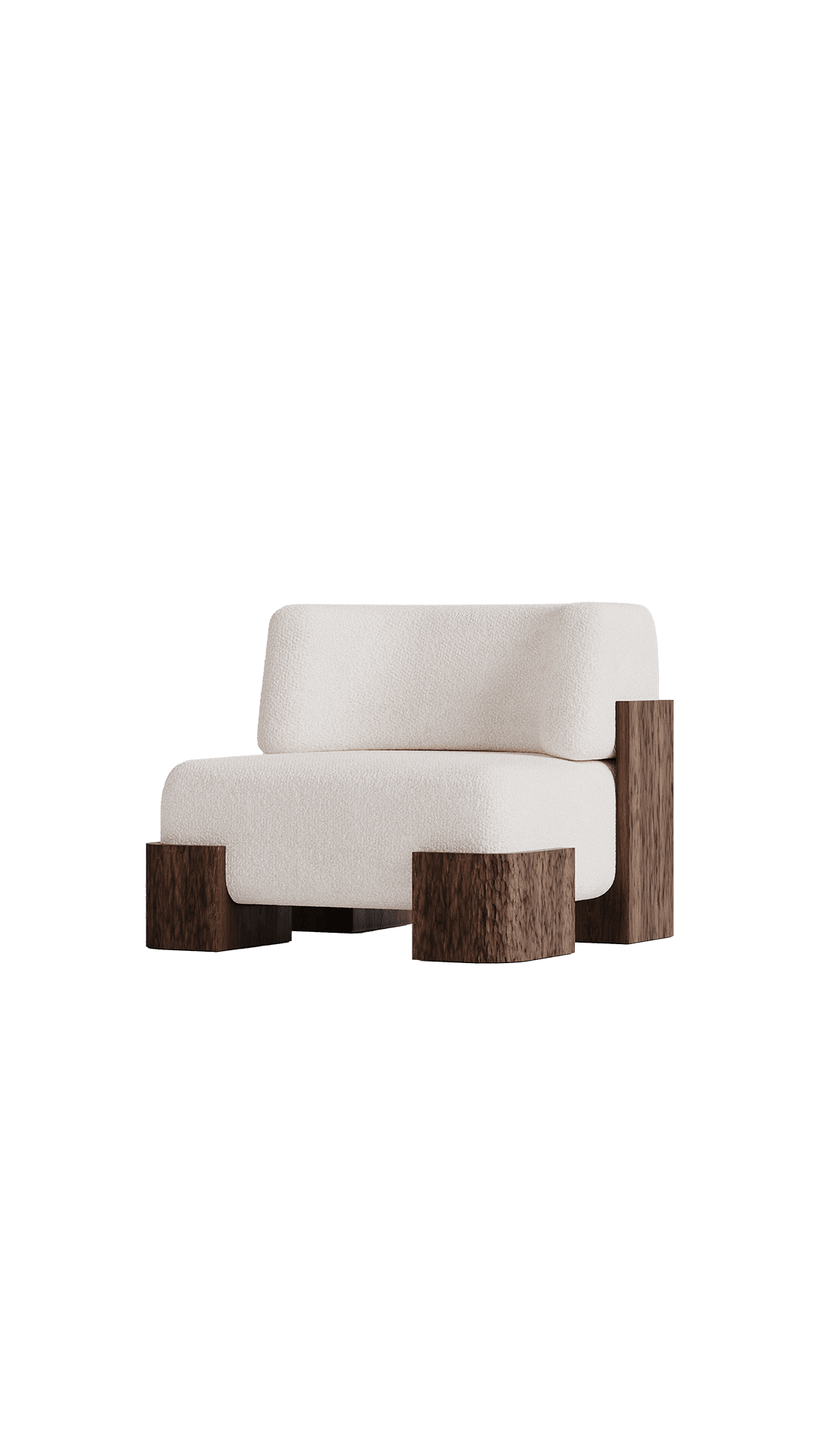 Manhattan Armchair Curved Backrest by Girodroux & Delpy - off-white textile, asymmetric dark wood base