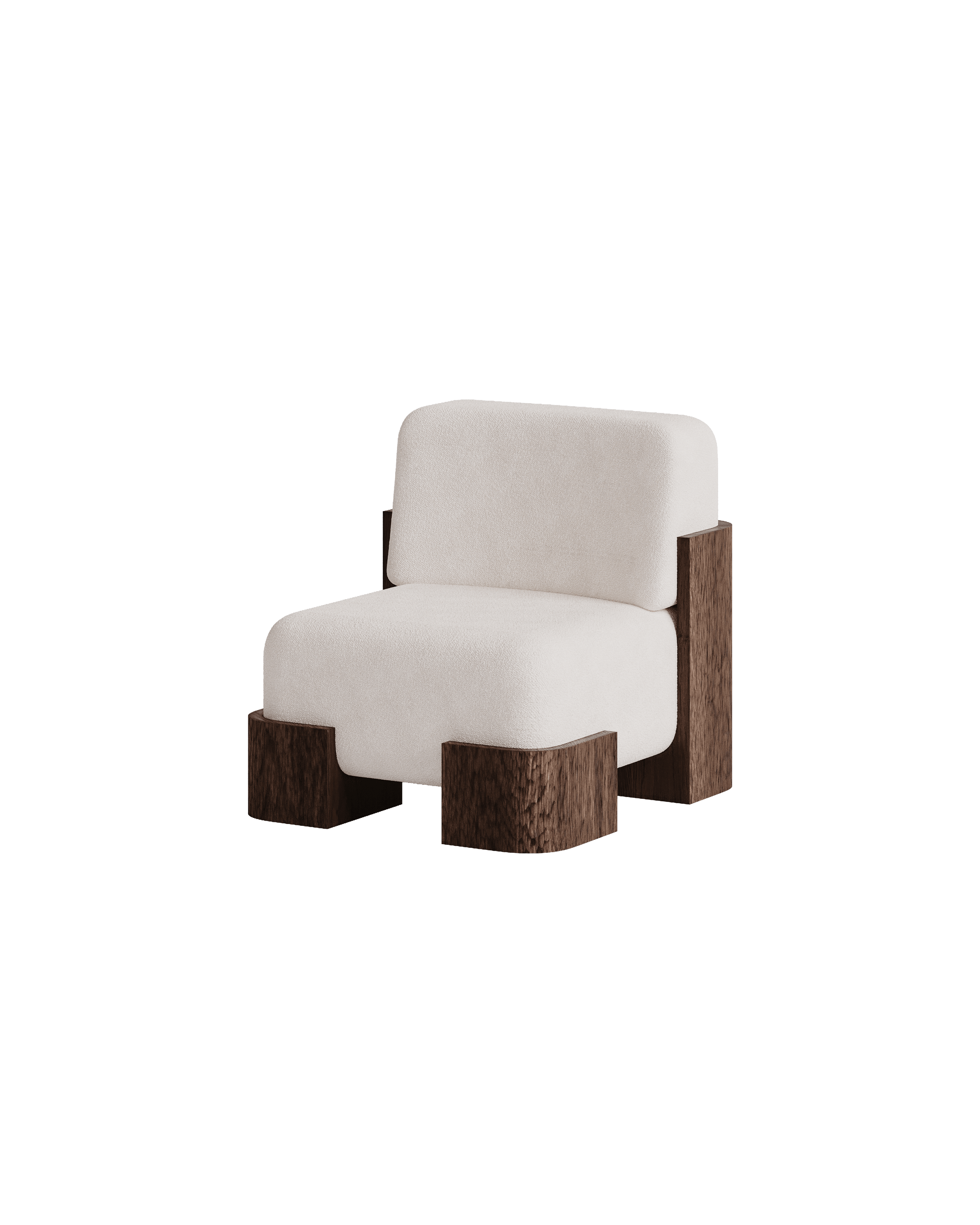 Manhattan Armchair Straight Backrest by Girodroux & Delpy - boucle upholstery, dark wood frame with visible grain