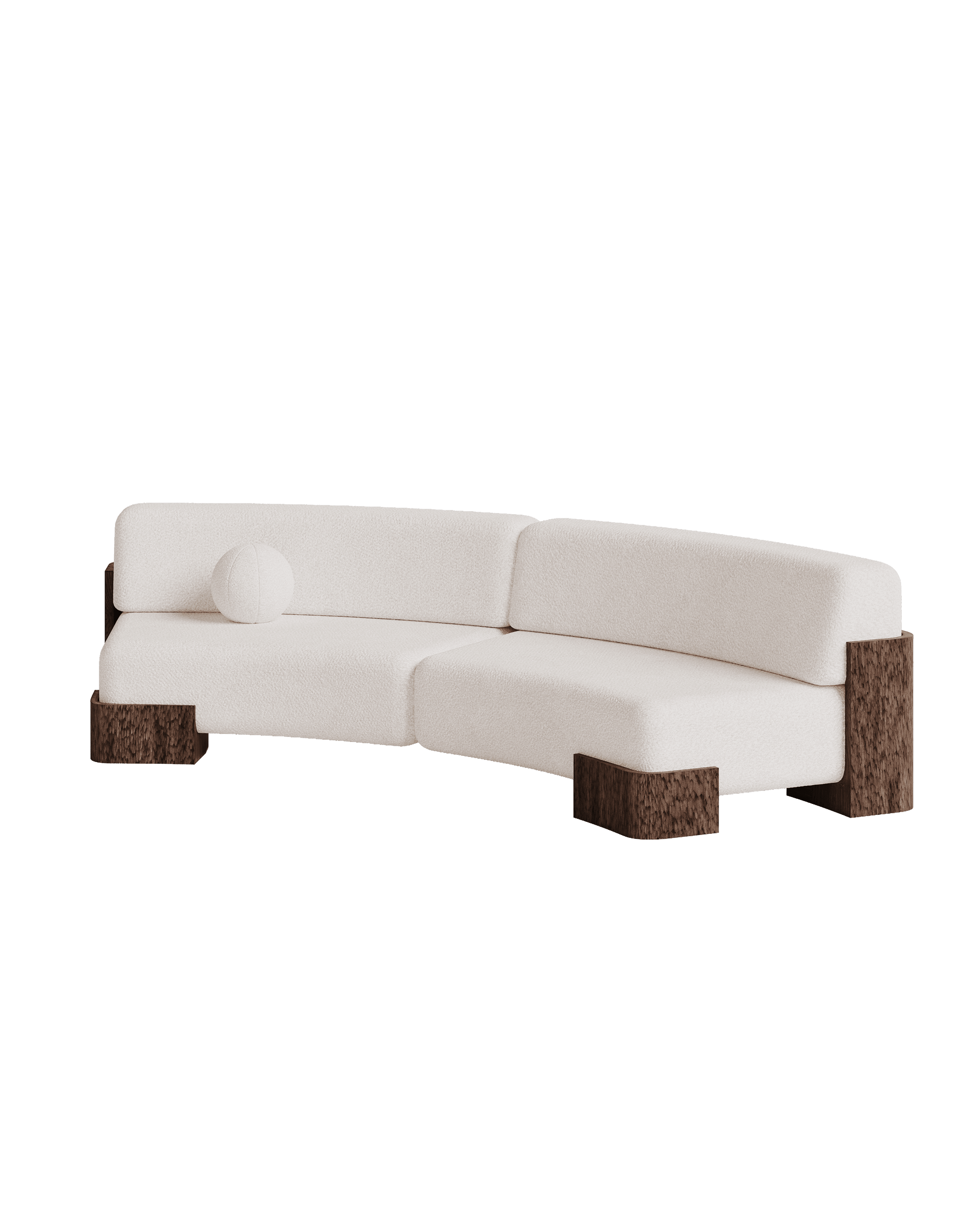 Manhattan Curved Sofa by Girodroux & Delpy - cream boucle L-shaped sofa, dark wood geometric base
