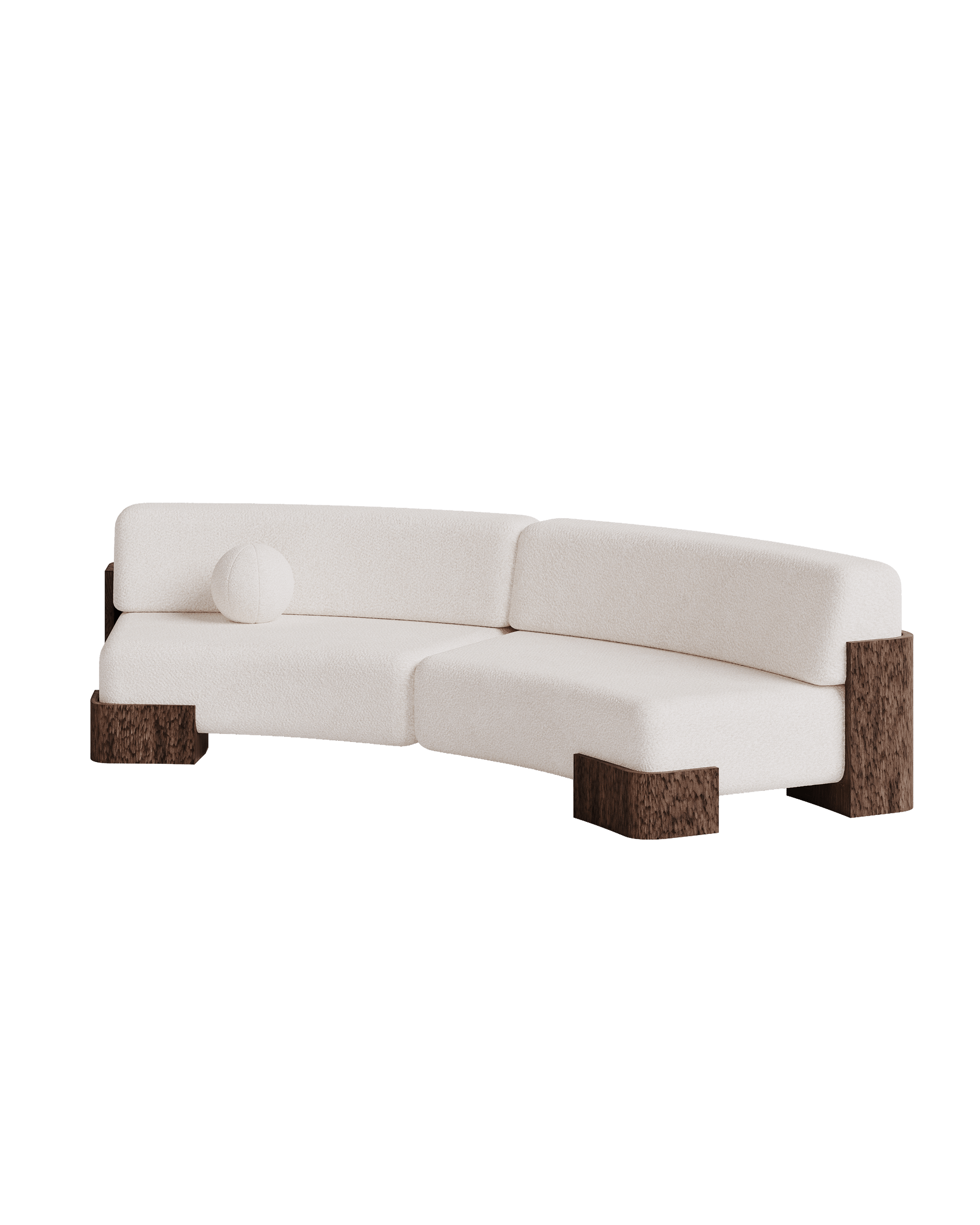 Manhattan Curved Sofa by Girodroux & Delpy - cream boucle L-shaped sofa, dark wood geometric base